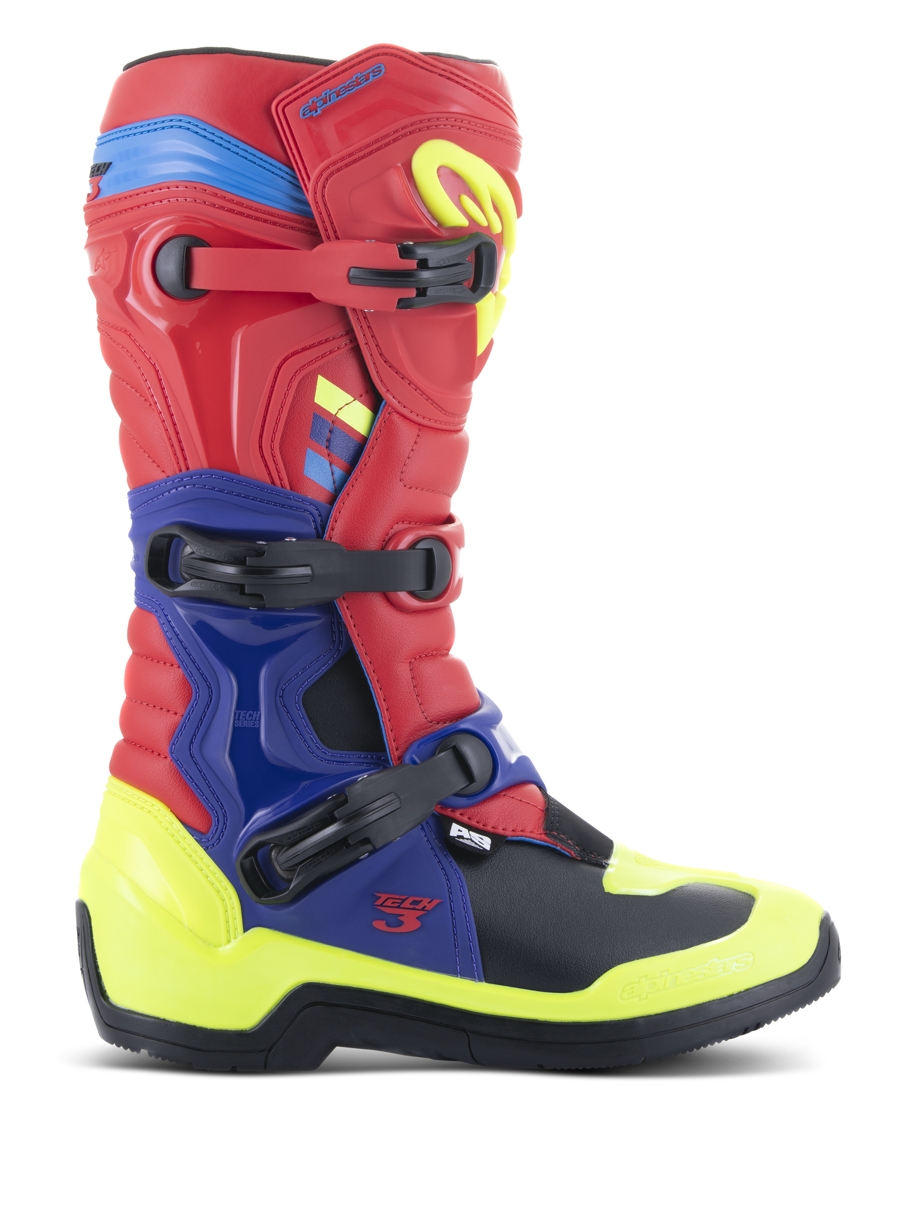 Alpinestars Tech 3 laarzen, motorcrosslaarzen, helderrood, donkerblauw en geel fluo, voorzien van een drievoudig gespsluitingssysteem, TPU-beschermingsplaten en opvallende neonaccenten, duurzame microvezelconstructie voor off-road rijden