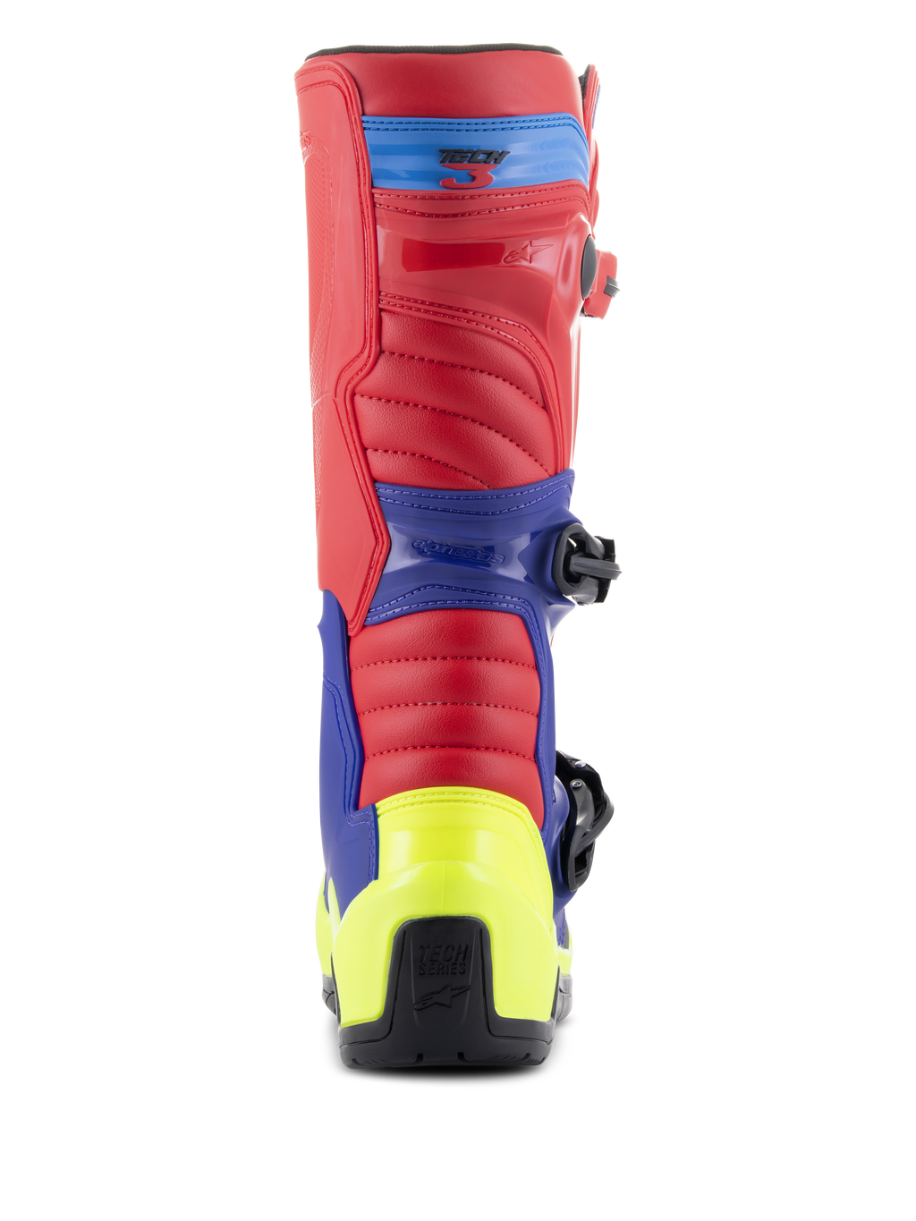 Alpinestars Tech 3 Laarzen, motorcross laarzen, helderrood, donkerblauw en neongeel, achteraanzicht met neongele hielkap, rood bovenwerk en blauwe steunpanelen, robuuste constructie voor off-road racen