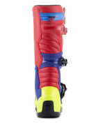 Alpinestars Tech 3 Laarzen, motorcross laarzen, helderrood, donkerblauw en neongeel, achteraanzicht met neongele hielkap, rood bovenwerk en blauwe steunpanelen, robuuste constructie voor off-road racen