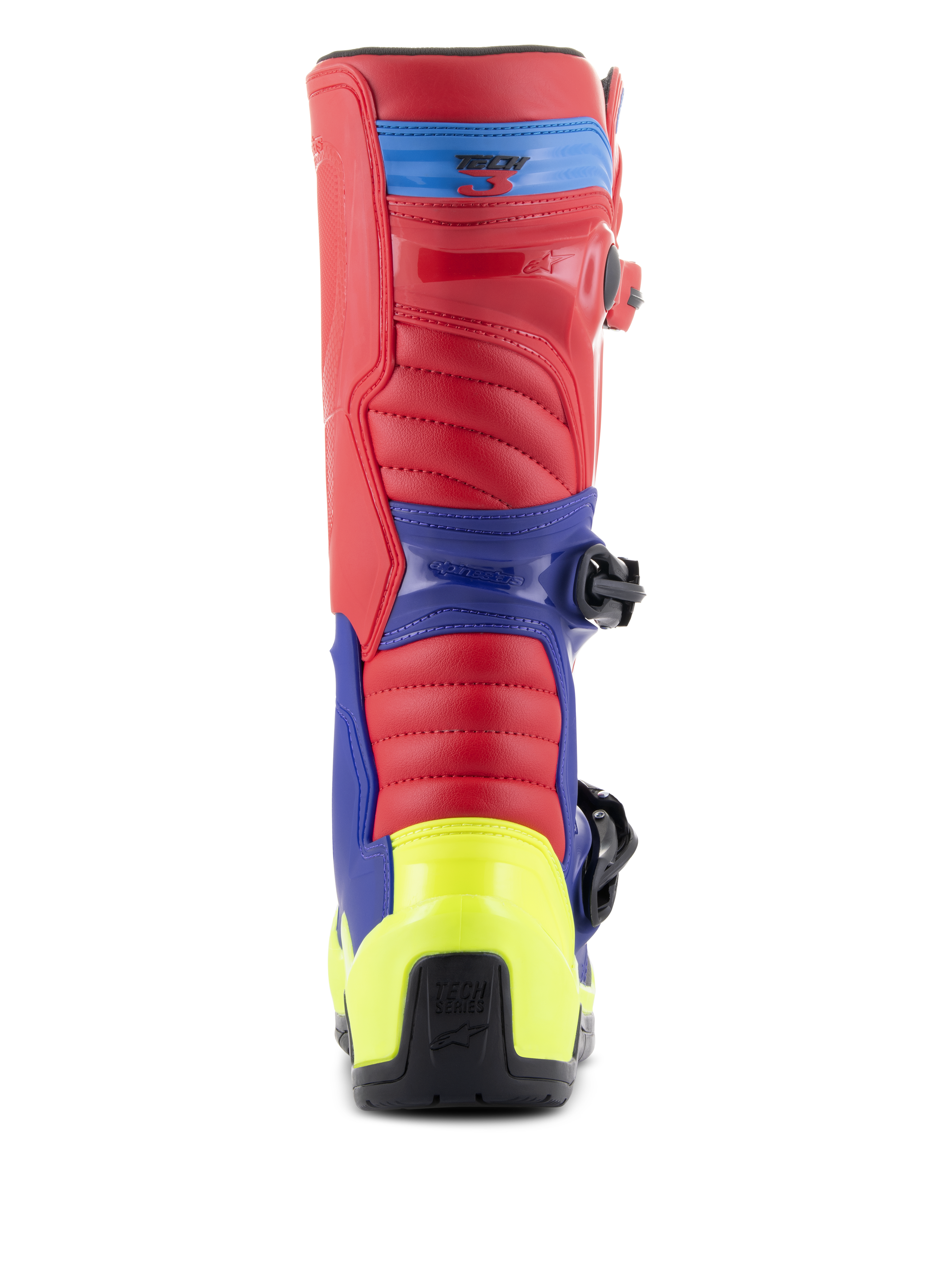 Alpinestars Tech 3 Laarzen, motorcross laarzen, helderrood, donkerblauw en neongeel, achteraanzicht met neongele hielkap, rood bovenwerk en blauwe steunpanelen, robuuste constructie voor off-road racen