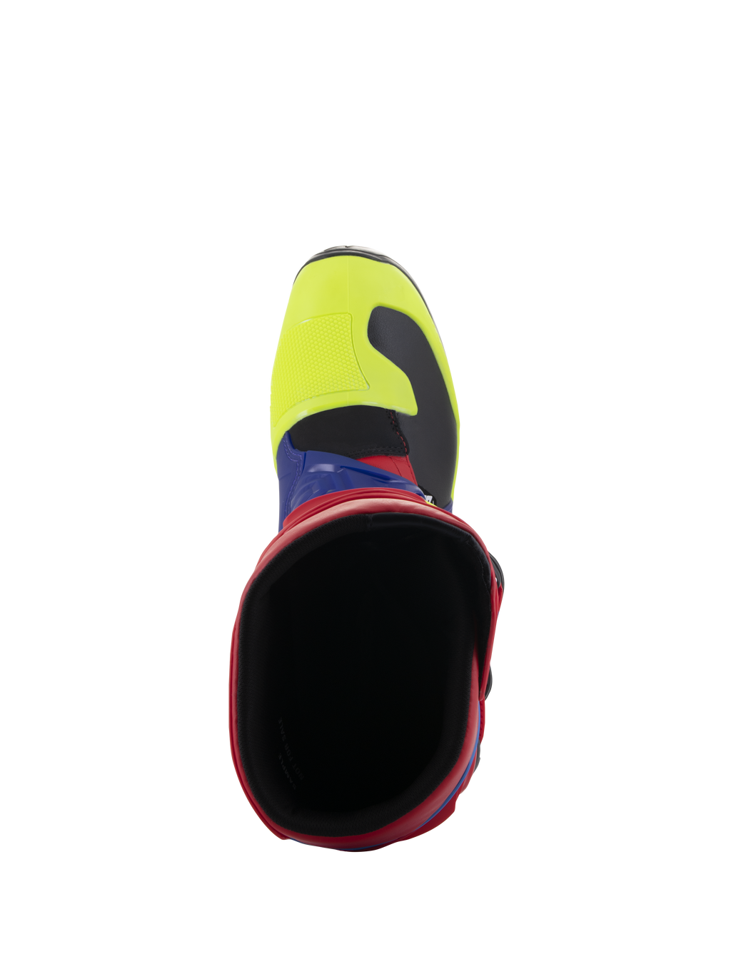 Alpinestars Tech 3 laarzen, motocrosslaarzen, felrood, donkerblauw en geel fluo, bovenaanzicht met zicht in de laarsopening, voorzien van een geel fluo neus en rode kraag, duurzaam beschermend off-road schoeisel