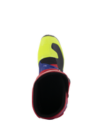 Alpinestars Tech 3 laarzen, motocrosslaarzen, felrood, donkerblauw en geel fluo, bovenaanzicht met zicht in de laarsopening, voorzien van een geel fluo neus en rode kraag, duurzaam beschermend off-road schoeisel