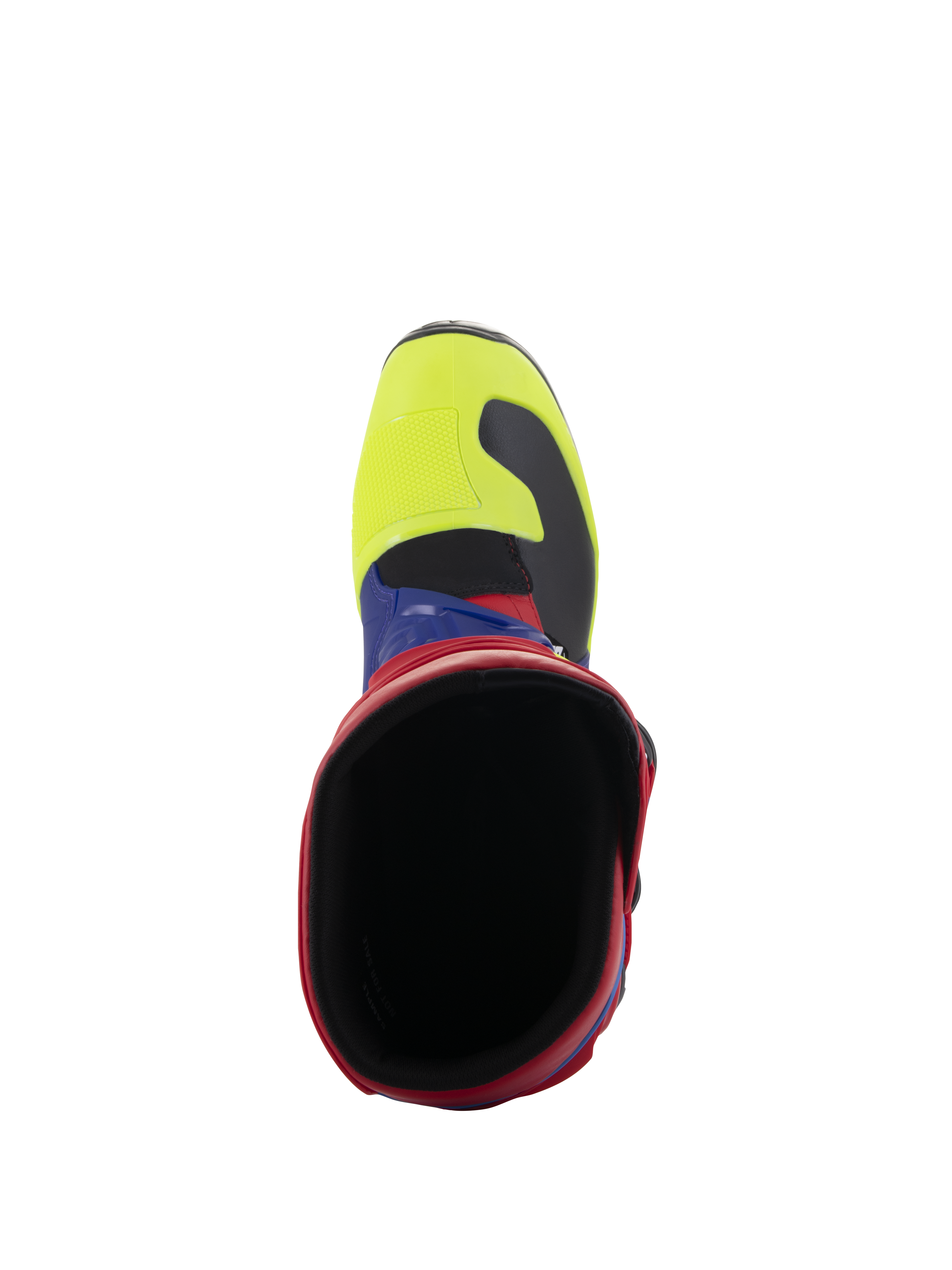 Alpinestars Tech 3 laarzen, motocrosslaarzen, felrood, donkerblauw en geel fluo, bovenaanzicht met zicht in de laarsopening, voorzien van een geel fluo neus en rode kraag, duurzaam beschermend off-road schoeisel