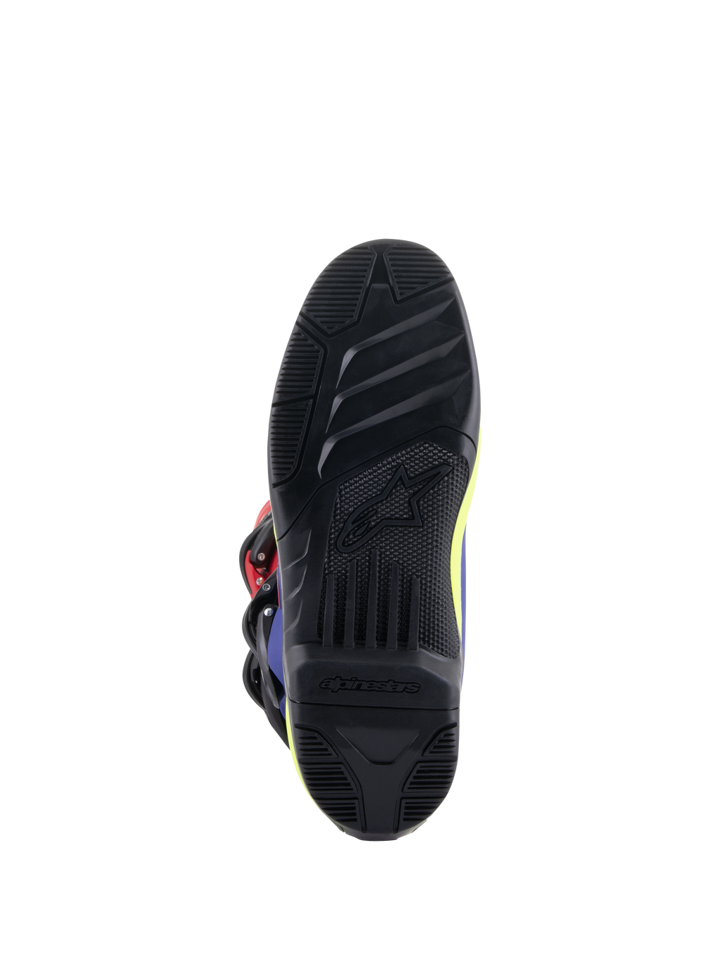Alpinestars Tech 3 laarzen, motorcrosslaarzen, felrood, donkerblauw en geel fluo, detailopname van de zwarte rubberen buitenzool met hoge grip, getextureerde loopvlakpatronen en Alpinestars-logo in reliëf voor verbeterde controle op de voetsteunen.
