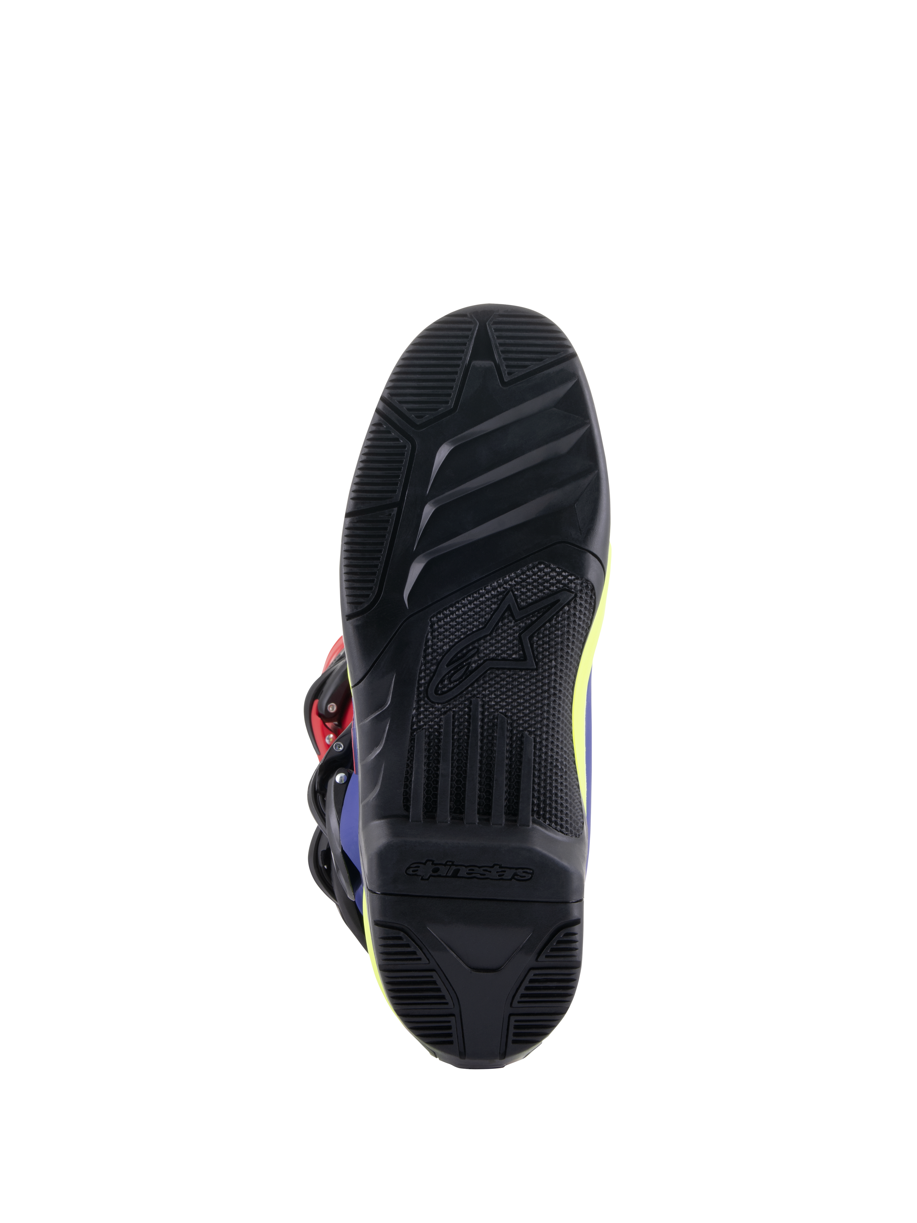 Alpinestars Tech 3 laarzen, motorcrosslaarzen, felrood, donkerblauw en geel fluo, detailopname van de zwarte rubberen buitenzool met hoge grip, getextureerde loopvlakpatronen en Alpinestars-logo in reliëf voor verbeterde controle op de voetsteunen.