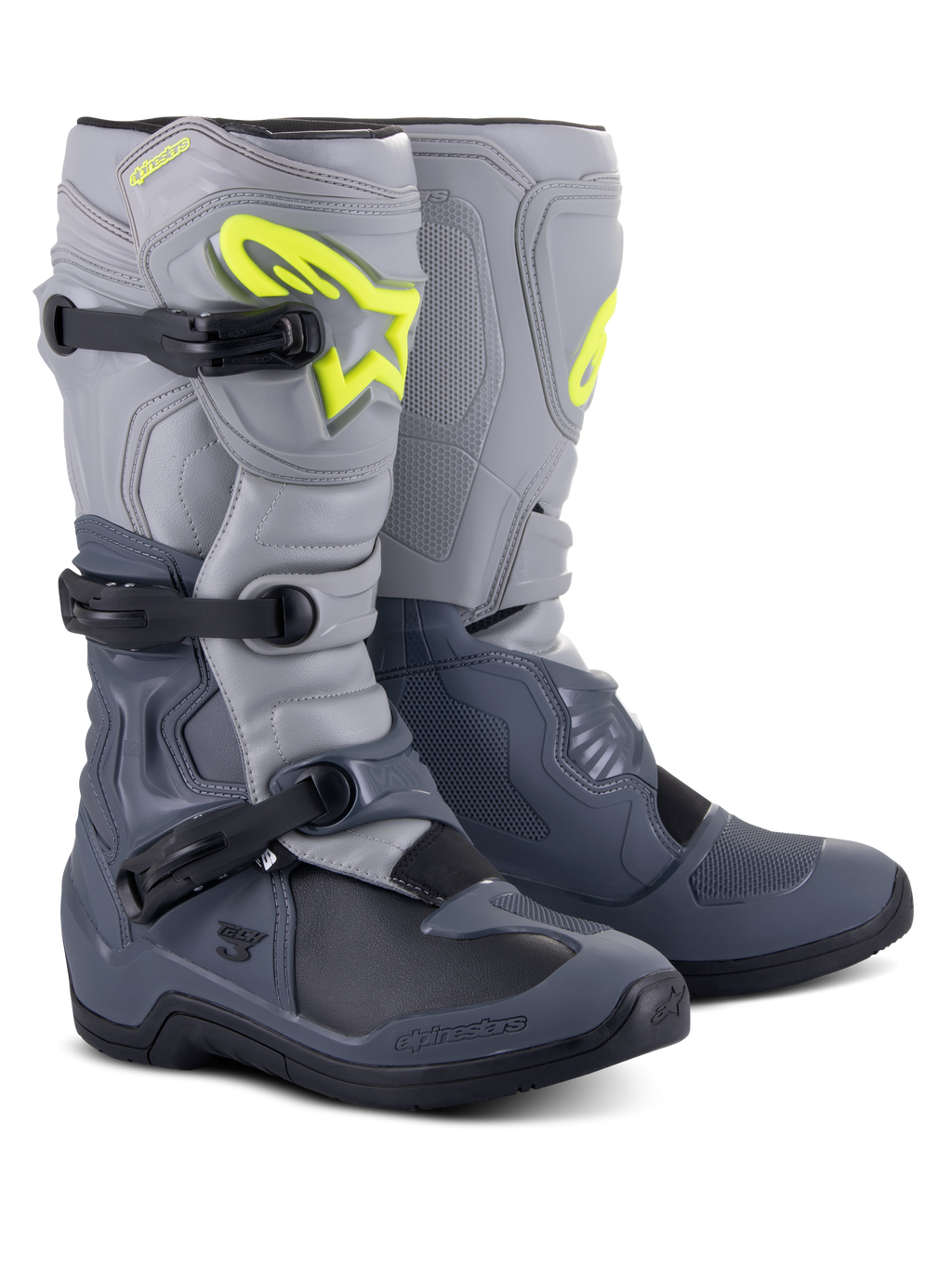 Alpinestars Tech 3 laarzen, motorcrosslaarzen, donkergrijs, lichtgrijs en zwart, met een opvallend fluorgeel Alpinestars-logo, sluitingssysteem met drie gespen en verstevigde beschermingspanelen voor off-road prestaties
