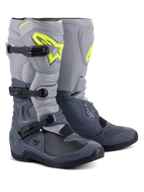 Alpinestars Tech 3 laarzen, motorcrosslaarzen, donkergrijs, lichtgrijs en zwart, met een opvallend fluorgeel Alpinestars-logo, sluitingssysteem met drie gespen en verstevigde beschermingspanelen voor off-road prestaties