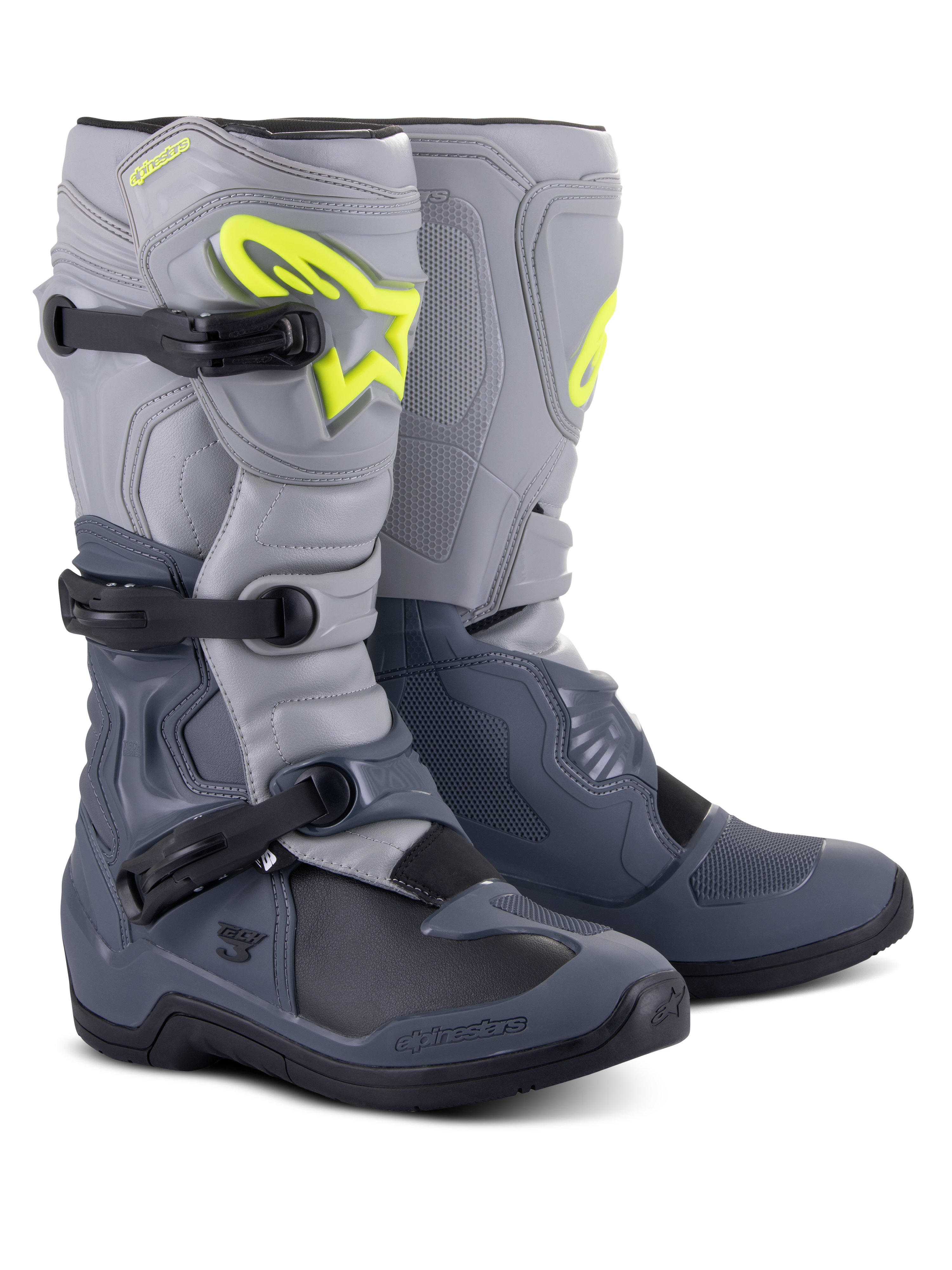 Alpinestars Tech 3 laarzen, motorcrosslaarzen, donkergrijs, lichtgrijs en zwart, met een opvallend fluorgeel Alpinestars-logo, sluitingssysteem met drie gespen en verstevigde beschermingspanelen voor off-road prestaties