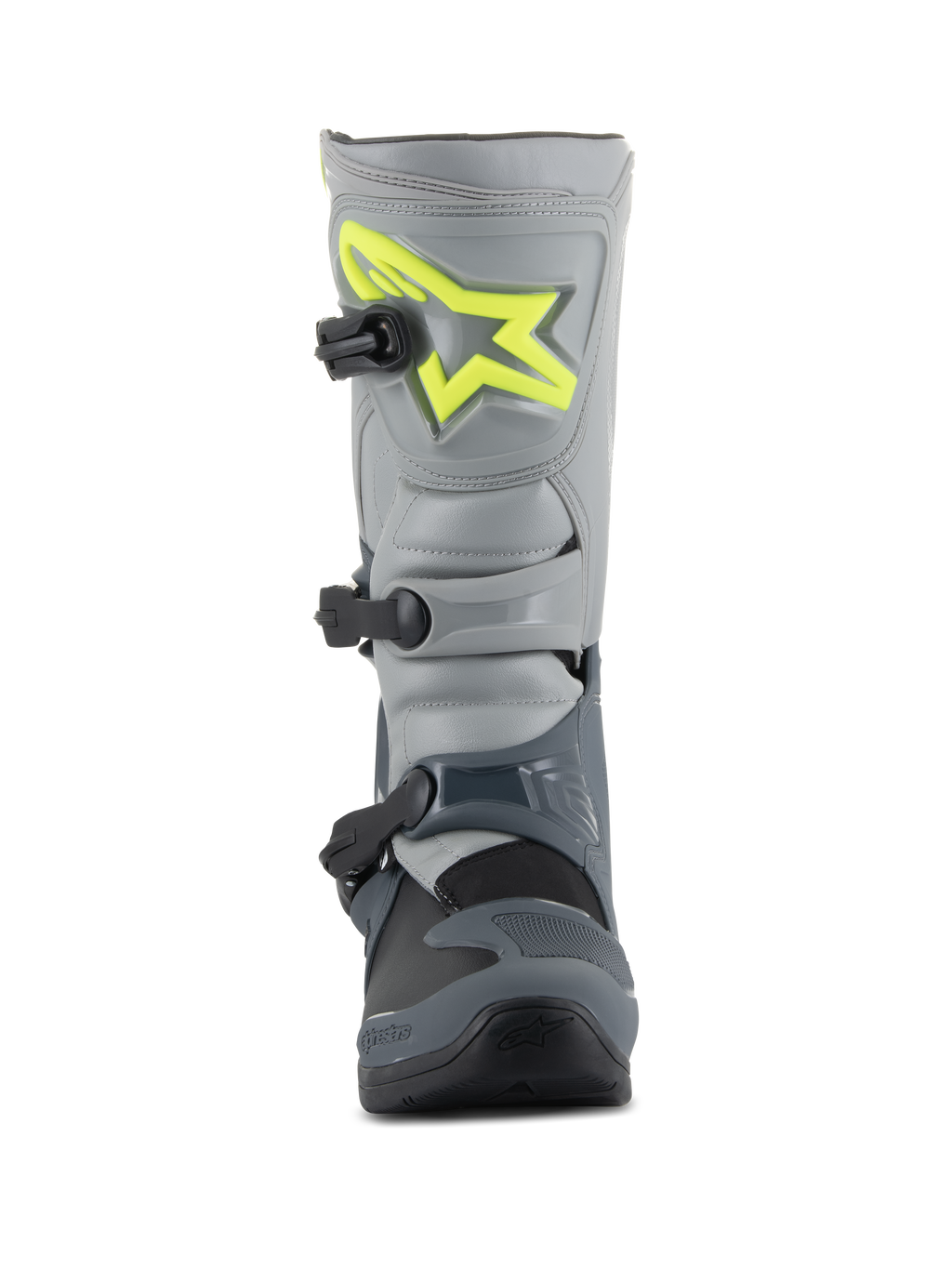 Alpinestars Tech 3 laarzen, motorcrosslaarzen, donkergrijs, lichtgrijs en zwart, vooraanzicht met een felgeel logo op de scheenplaat, drie zwarte polymeer gespen en een duurzame TPU-schaal voor off-road racen