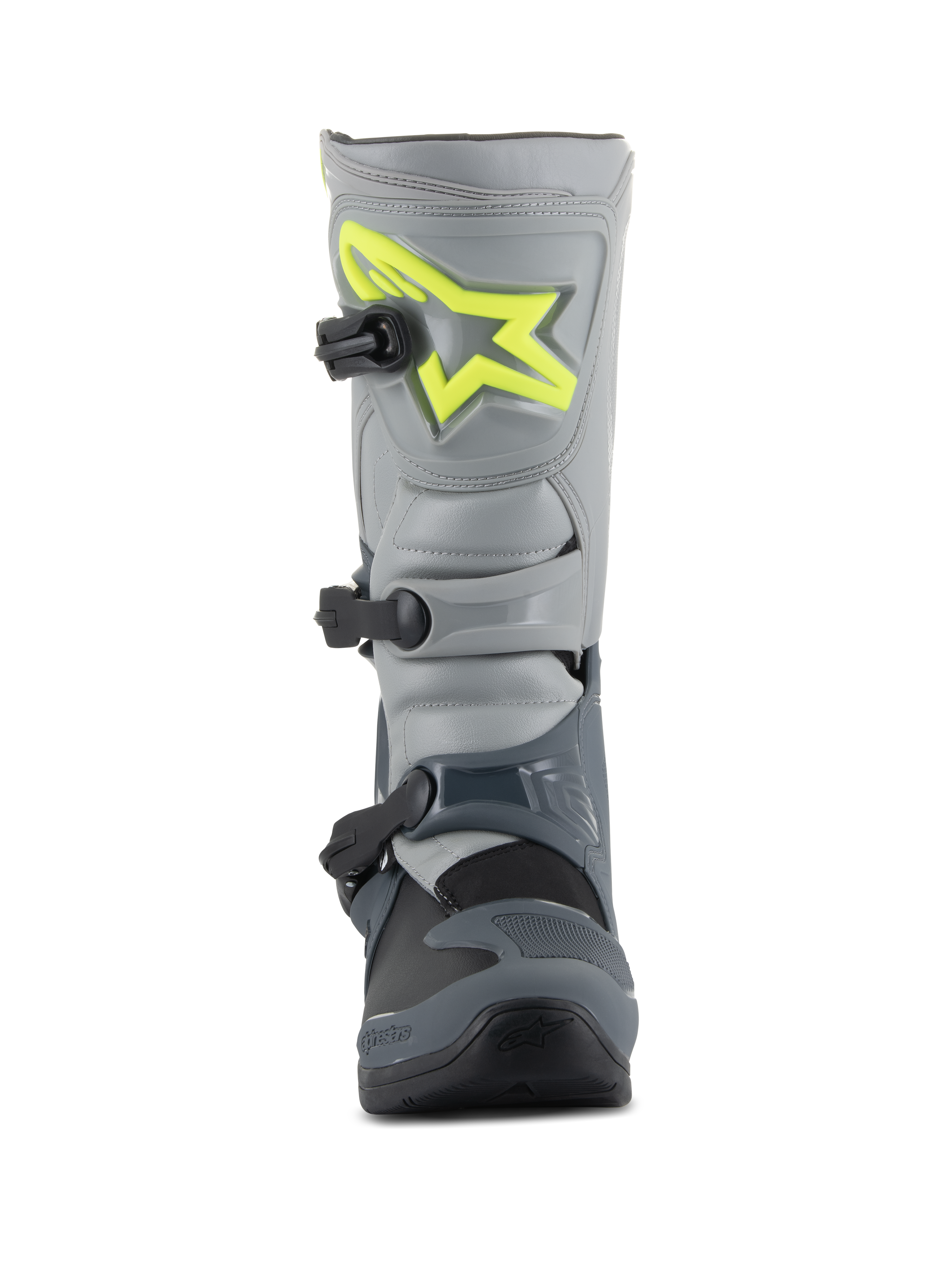 Alpinestars Tech 3 laarzen, motorcrosslaarzen, donkergrijs, lichtgrijs en zwart, vooraanzicht met een felgeel logo op de scheenplaat, drie zwarte polymeer gespen en een duurzame TPU-schaal voor off-road racen