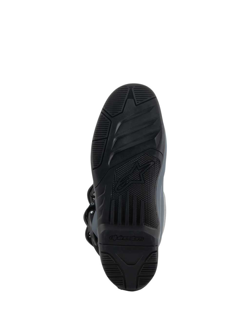Alpinestars Tech 3 laarzen, donkergrijs lichtgrijs zwart, onderaanzicht met de rubberen compound buitenzool met hoge grip, zwart loopvlak met textuur en centraal Alpinestars-logo, ontworpen voor controle op de voetsteunen en tractie in off-road omstandigheden