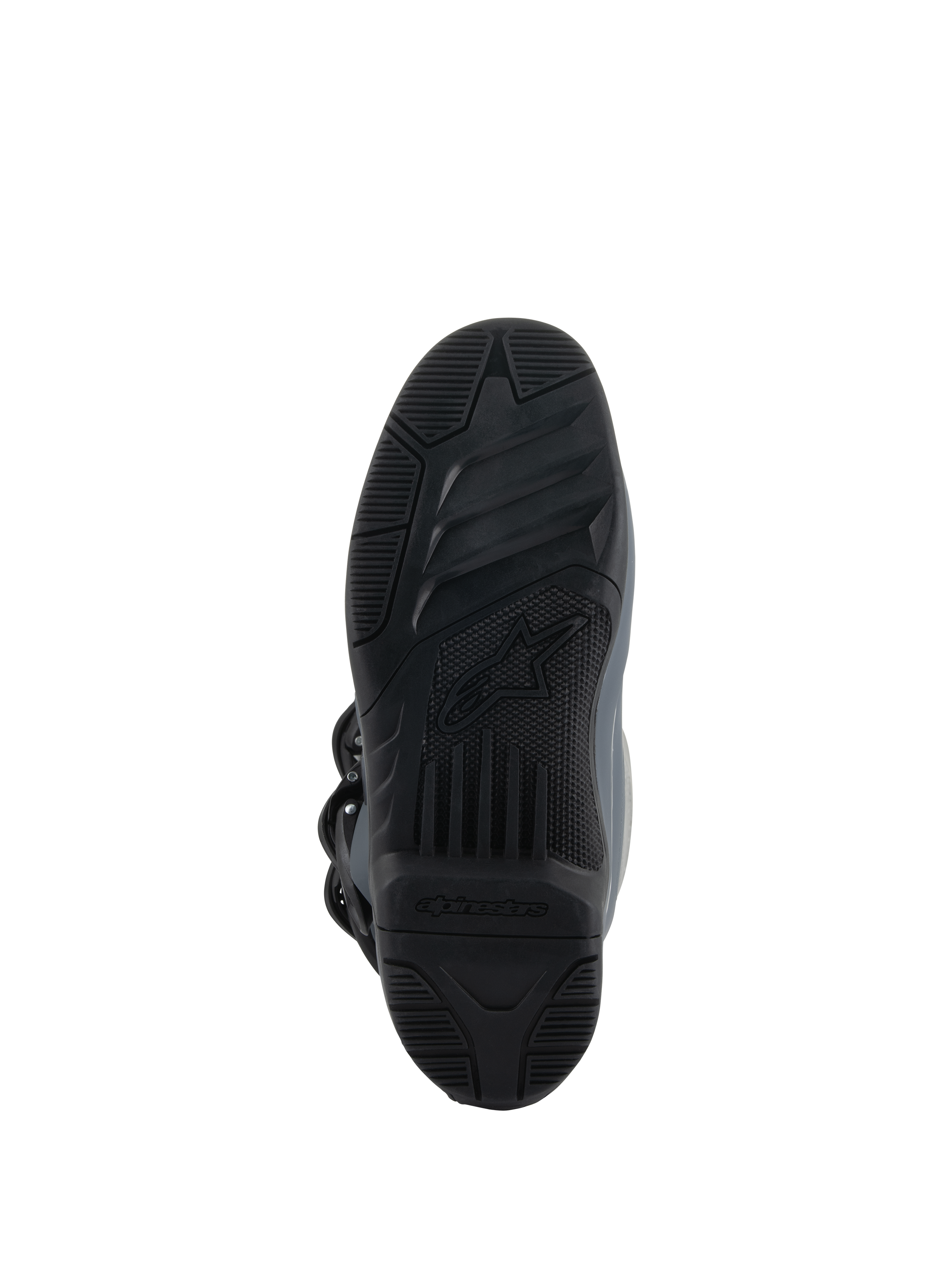 Alpinestars Tech 3 laarzen, donkergrijs lichtgrijs zwart, onderaanzicht met de rubberen compound buitenzool met hoge grip, zwart loopvlak met textuur en centraal Alpinestars-logo, ontworpen voor controle op de voetsteunen en tractie in off-road omstandigheden