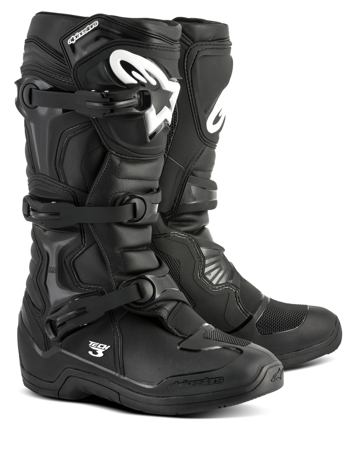 Alpinestars Tech 3 Boots, Black Motocross Boots, Off-road performance footwear, triple buckle closure system, TPU reinforced shin plate with white logo branding, durable high-grip sole, lightweight microfiber construction