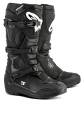Alpinestars Tech 3 Stiefel, schwarze Motocross-Stiefel, Offroad-Performance-Schuhwerk, Dreifach-Schnallen-Verschlusssystem, TPU-verstärkte Schienbeinplatte mit weißem Logo-Branding, langlebige High-Grip-Sohle, leichte Mikrofaser-Konstruktion