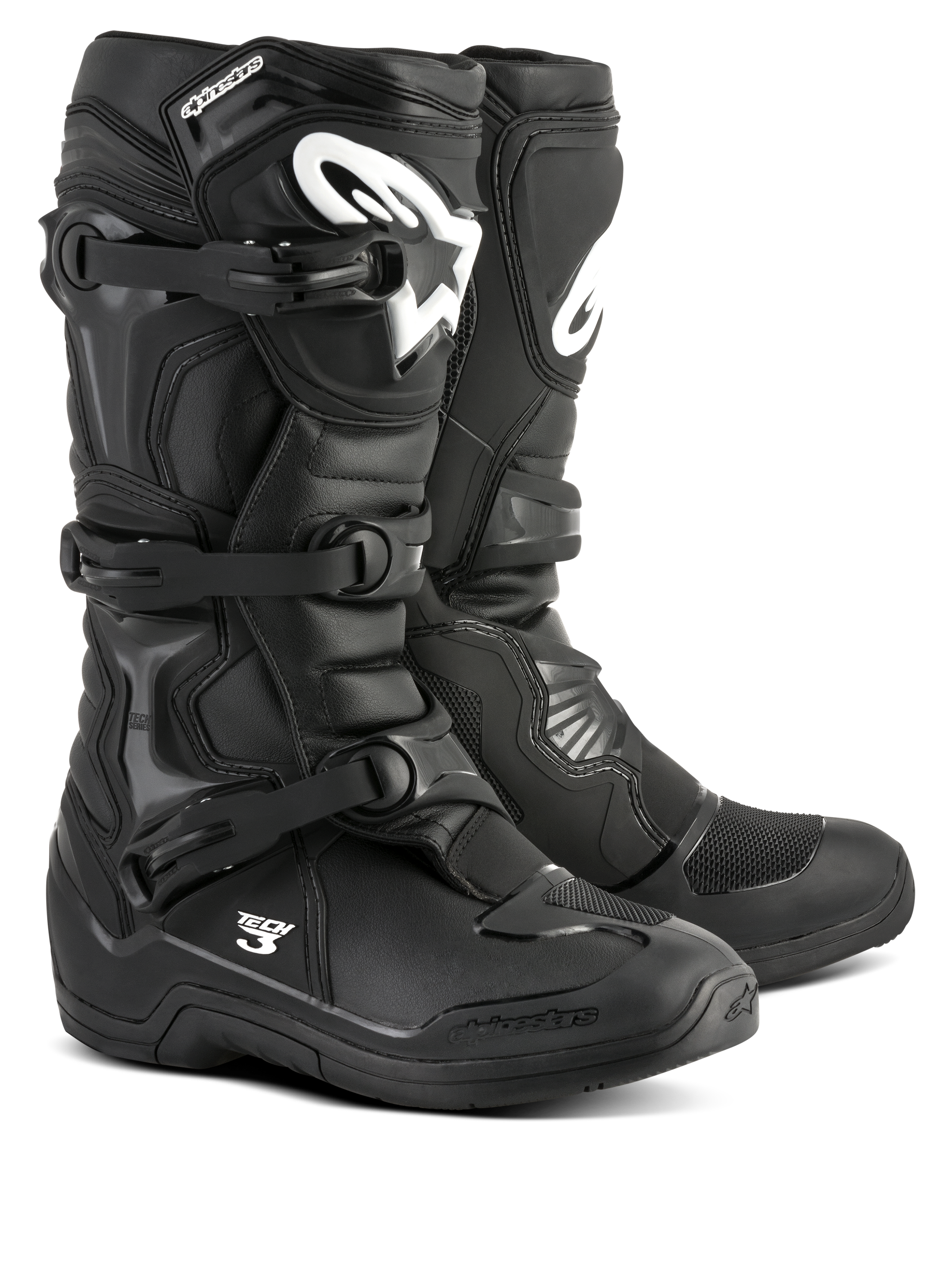Alpinestars Tech 3 Stiefel, schwarze Motocross-Stiefel, Offroad-Performance-Schuhwerk, Dreifach-Schnallen-Verschlusssystem, TPU-verstärkte Schienbeinplatte mit weißem Logo-Branding, langlebige High-Grip-Sohle, leichte Mikrofaser-Konstruktion