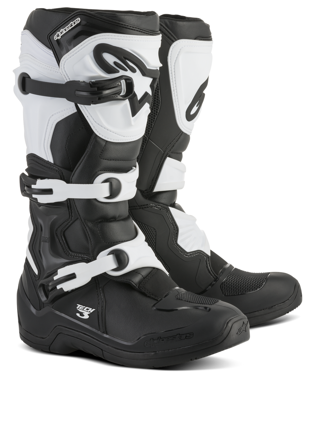 Alpinestars Tech 3 laarzen, motorcrosslaarzen, zwart en wit, voorzien van een drievoudig gespsluitsysteem, beschermende TPU-scheenplaat en hielkap, duurzame constructie van microvezel en synthetisch materiaal voor off-road racen