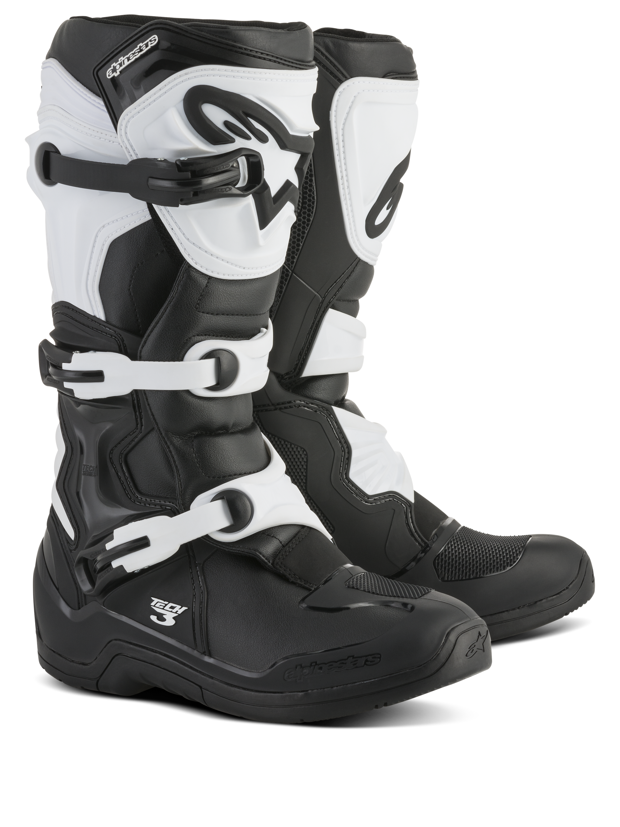 Alpinestars Tech 3 Boots, bottes de motocross, noir et blanc, dotées d'un système de fermeture à trois boucles, plaque de tibia et contrefort de talon protecteurs en TPU, construction durable en microfibre et matière synthétique pour la course tout-terrain