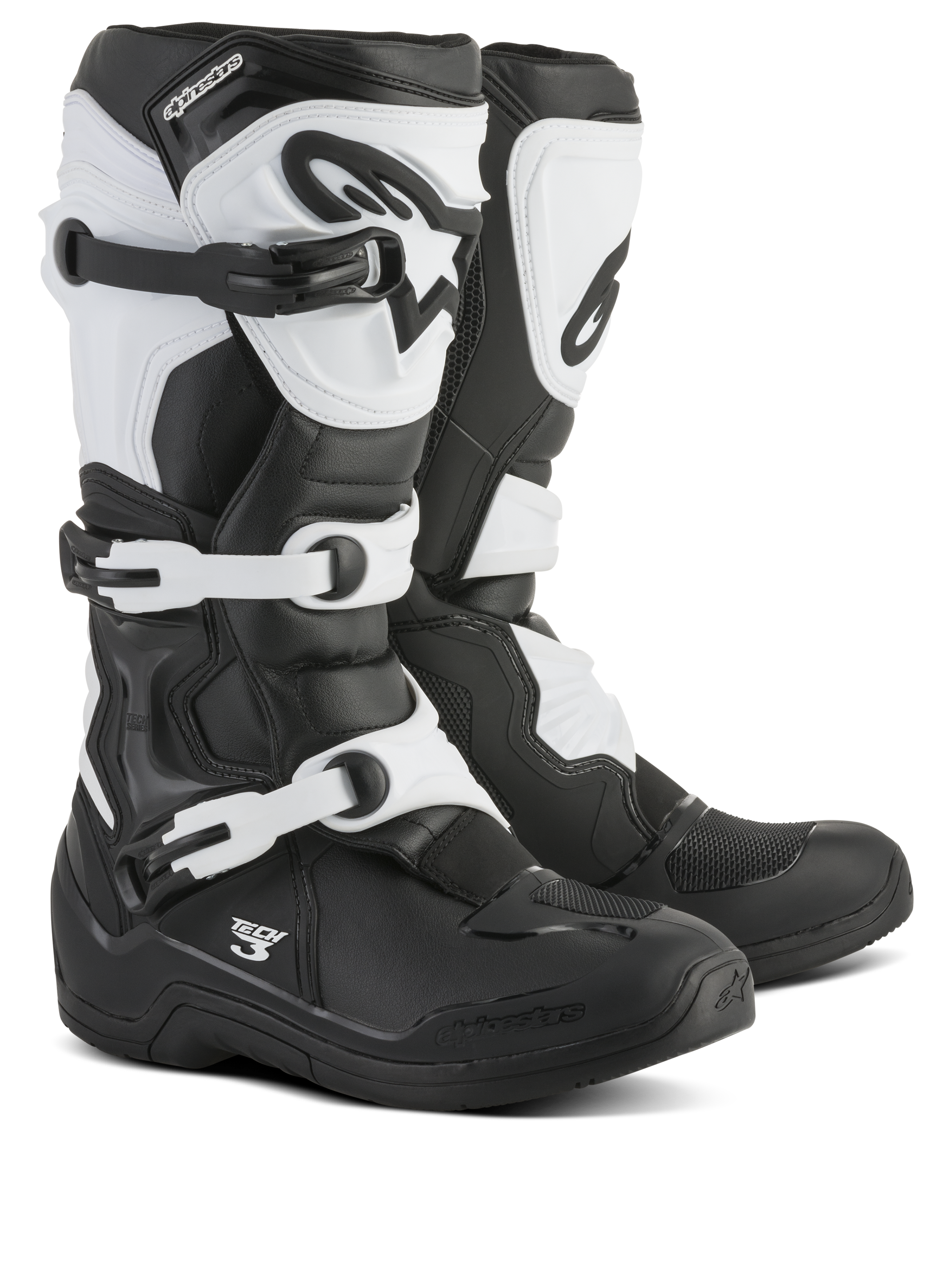 Alpinestars Tech 3 laarzen, motorcrosslaarzen, zwart en wit, voorzien van een drievoudig gespsluitsysteem, beschermende TPU-scheenplaat en hielkap, duurzame constructie van microvezel en synthetisch materiaal voor off-road racen