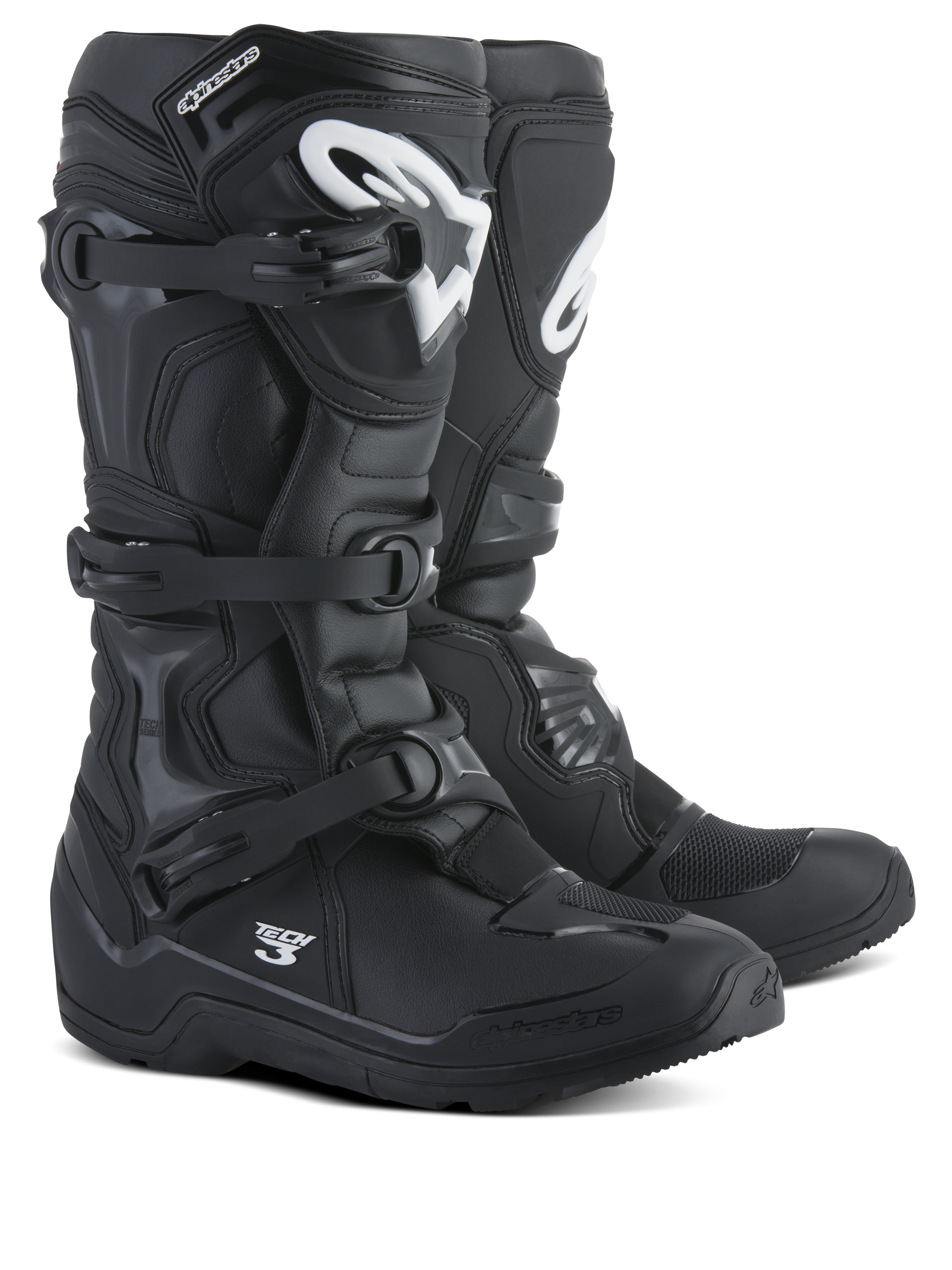 Bottes Alpinestars Tech 3 Enduro, bottes de motocross et de tout-terrain, noir avec logos blancs, système de triple boucle en polymère, protection TPU durable, conception de semelle tout-terrain robuste