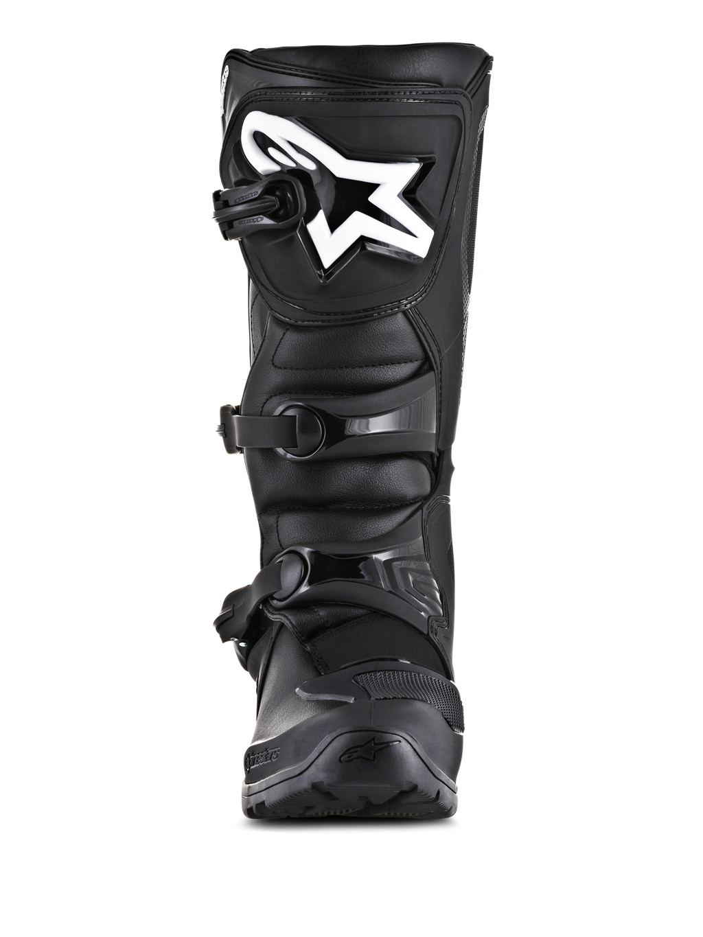 Bottes Alpinestars Tech 3 Enduro, bottes de moto tout-terrain, noir, vue de face avec logo Alpinestars blanc sur la plaque tibiale, système de fermeture à trois boucles, construction robuste en microfibre et TPU