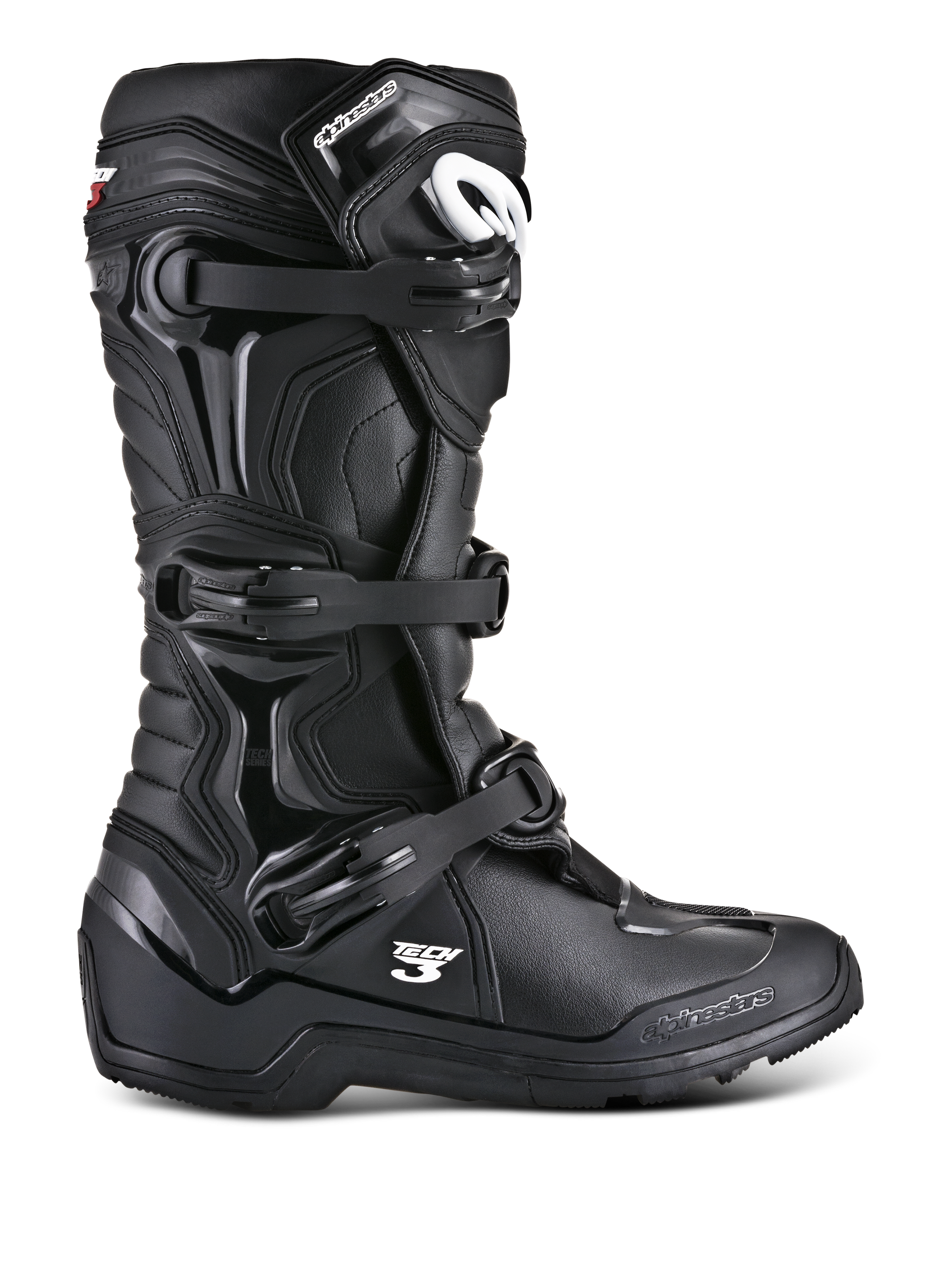 Bottes Alpinestars Tech 3 Enduro, bottes de moto tout-terrain noires, profil latéral montrant le système de fermeture à triple boucle, panneaux de protection en TPU renforcés, semelle à crampons haute adhérence et marquage Alpinestars blanc.