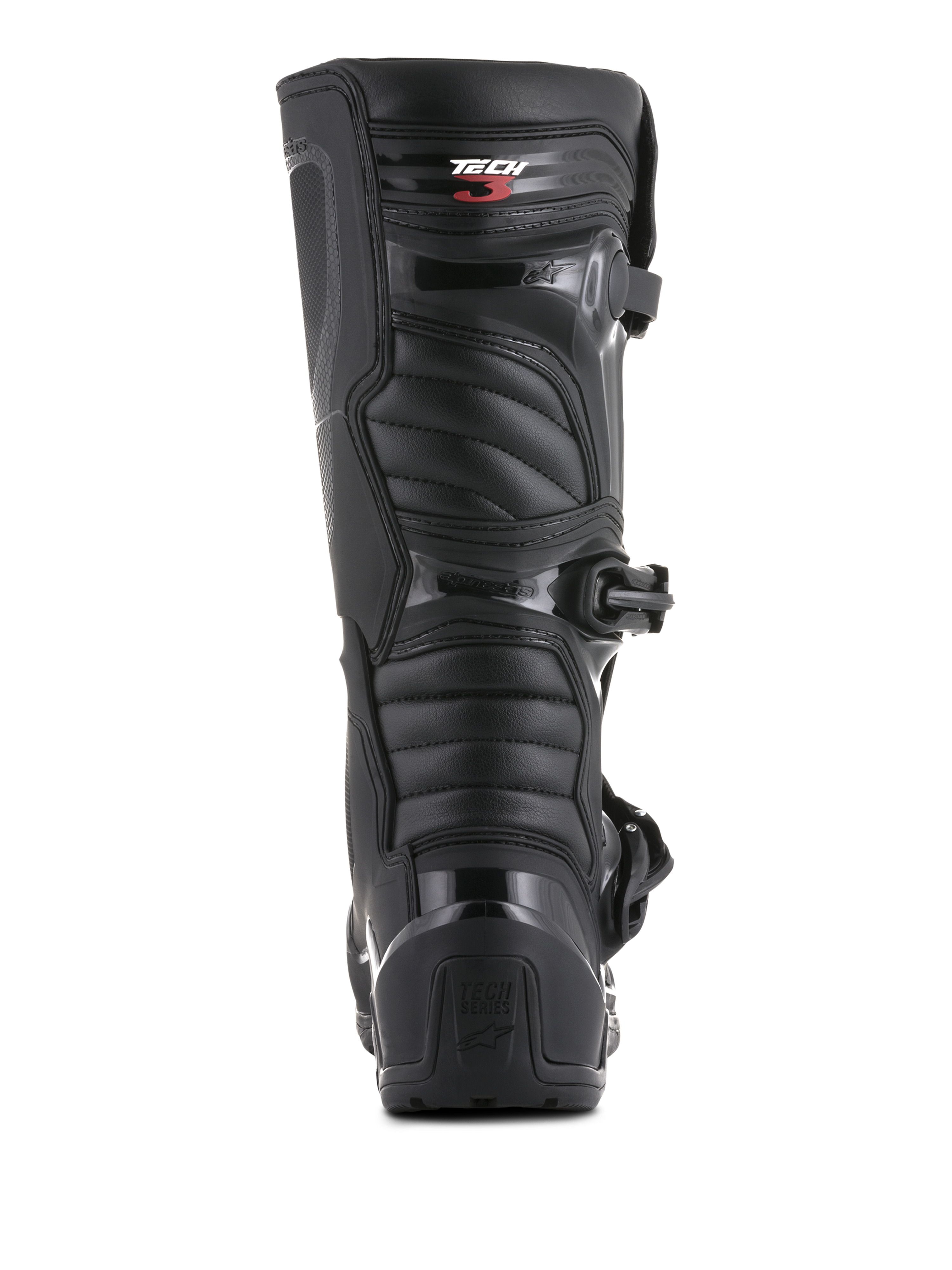 Bottes Alpinestars Tech 3 Enduro, vue arrière, noir, avec contrefort de talon en TPU, logo Tech Series et panneaux flexibles côtelés, chaussures de protection durables pour le motocross et le tout-terrain