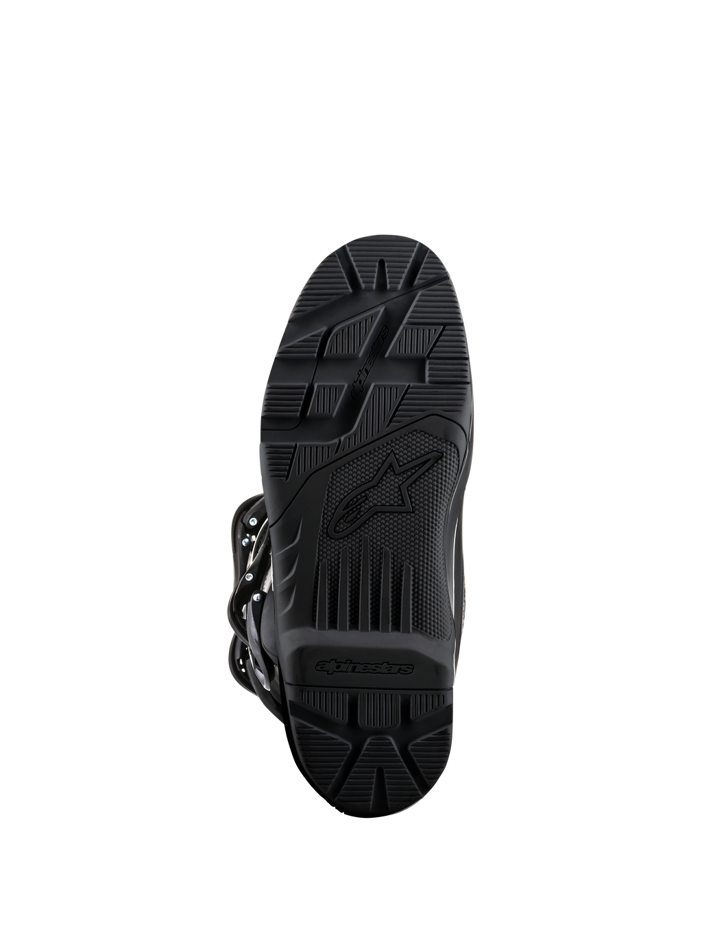 Bottes Alpinestars Tech 3 Enduro, Noir, vue de la semelle, composé de caoutchouc haute adhérence avec motif de crampons texturé pour une durabilité tout-terrain, arborant le logo Alpinestars