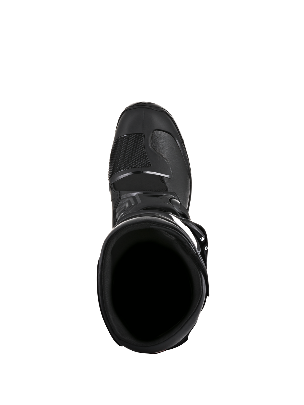 Bottes Alpinestars Tech 3 Enduro, noires, vue de dessus plongeant dans l'ouverture de la botte, montrant le col intérieur et la zone de la pointe renforcée, conçues pour la conduite tout-terrain et l'enduro.