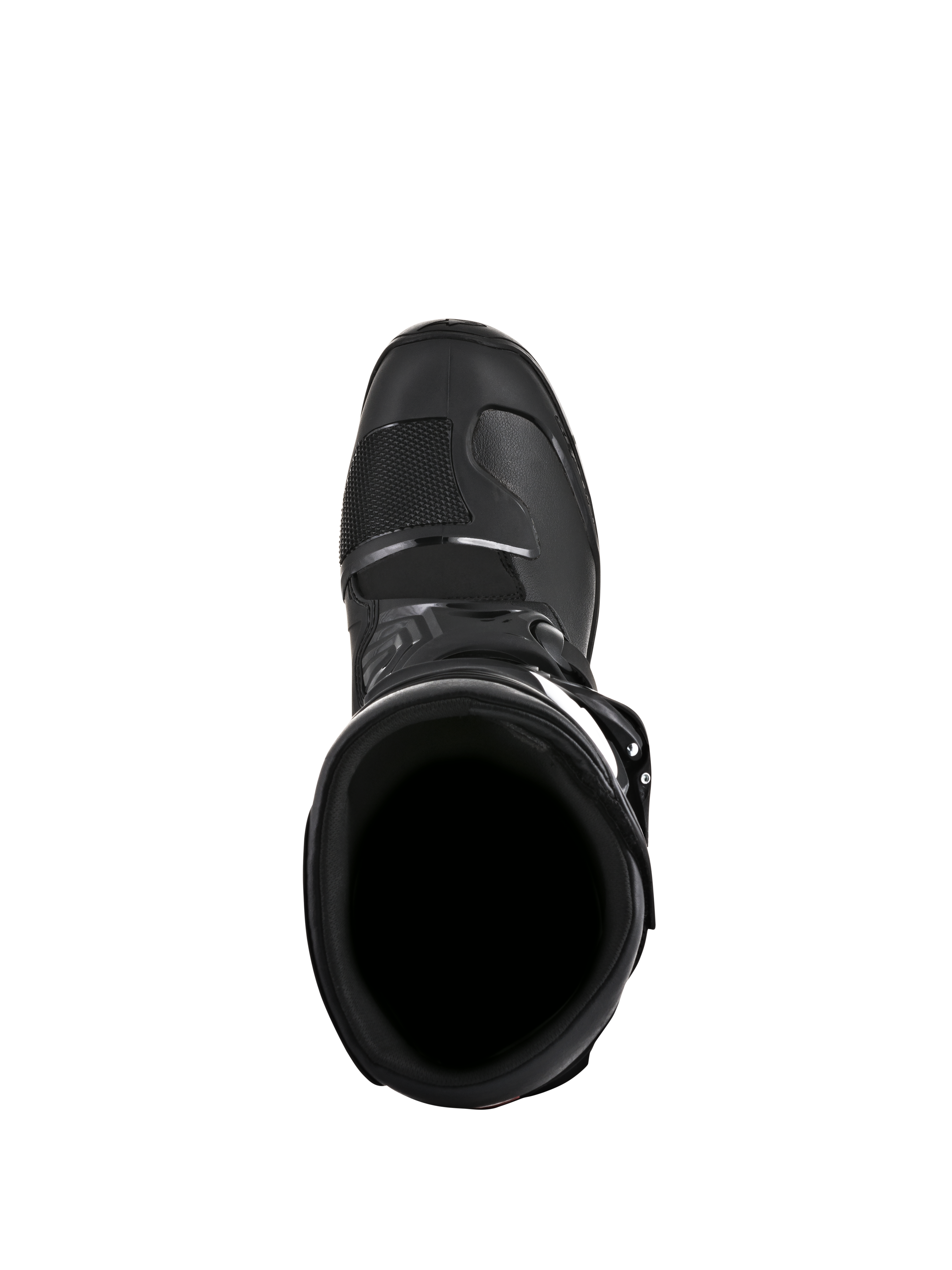 Bottes Alpinestars Tech 3 Enduro, noires, vue de dessus plongeant dans l'ouverture de la botte, montrant le col intérieur et la zone de la pointe renforcée, conçues pour la conduite tout-terrain et l'enduro.