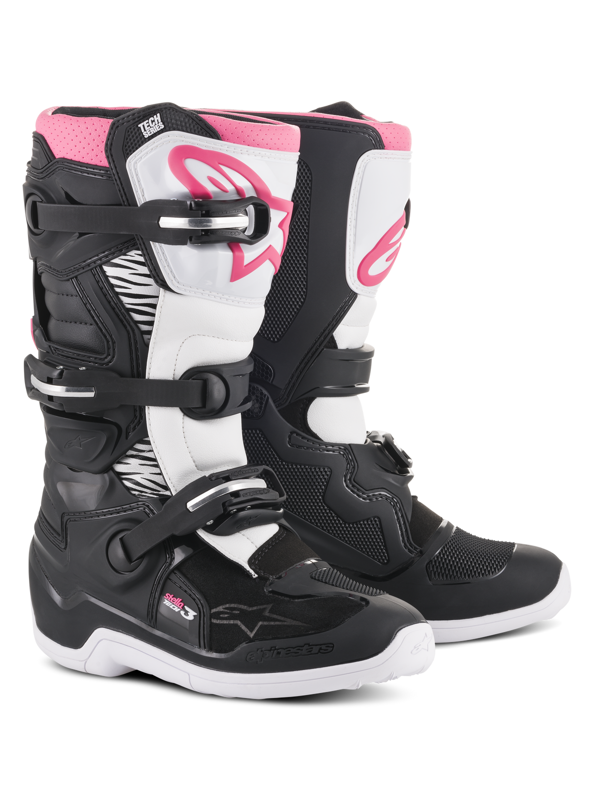 Bottes Alpinestars Stella Tech 3, bottes de motocross pour femme, noir, blanc et rose, dotées d'une plaque de tibia blanche avec logo Alpinestars rose, d'un châssis noir avec zones de flexion blanches et d'un système de fermeture à trois boucles