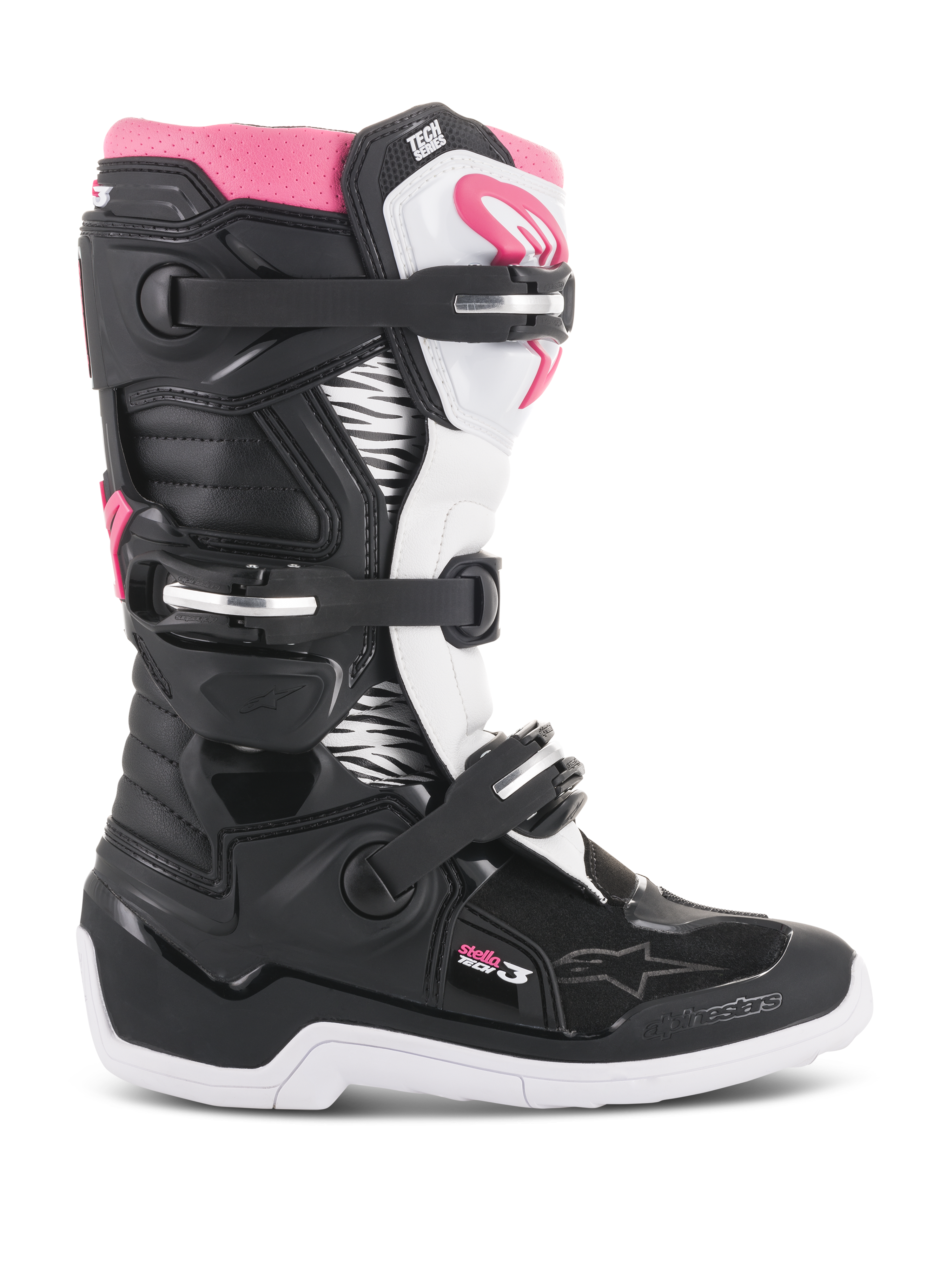 Alpinestars Stella Tech 3 pour femme, bottes de motocross, noires, blanches et roses, vue de profil montrant le système de fermeture à trois boucles, panneaux graphiques à imprimé zèbre, protection du tibia en TPU et semelle extérieure en caoutchouc blanc pour la conduite tout-terrain