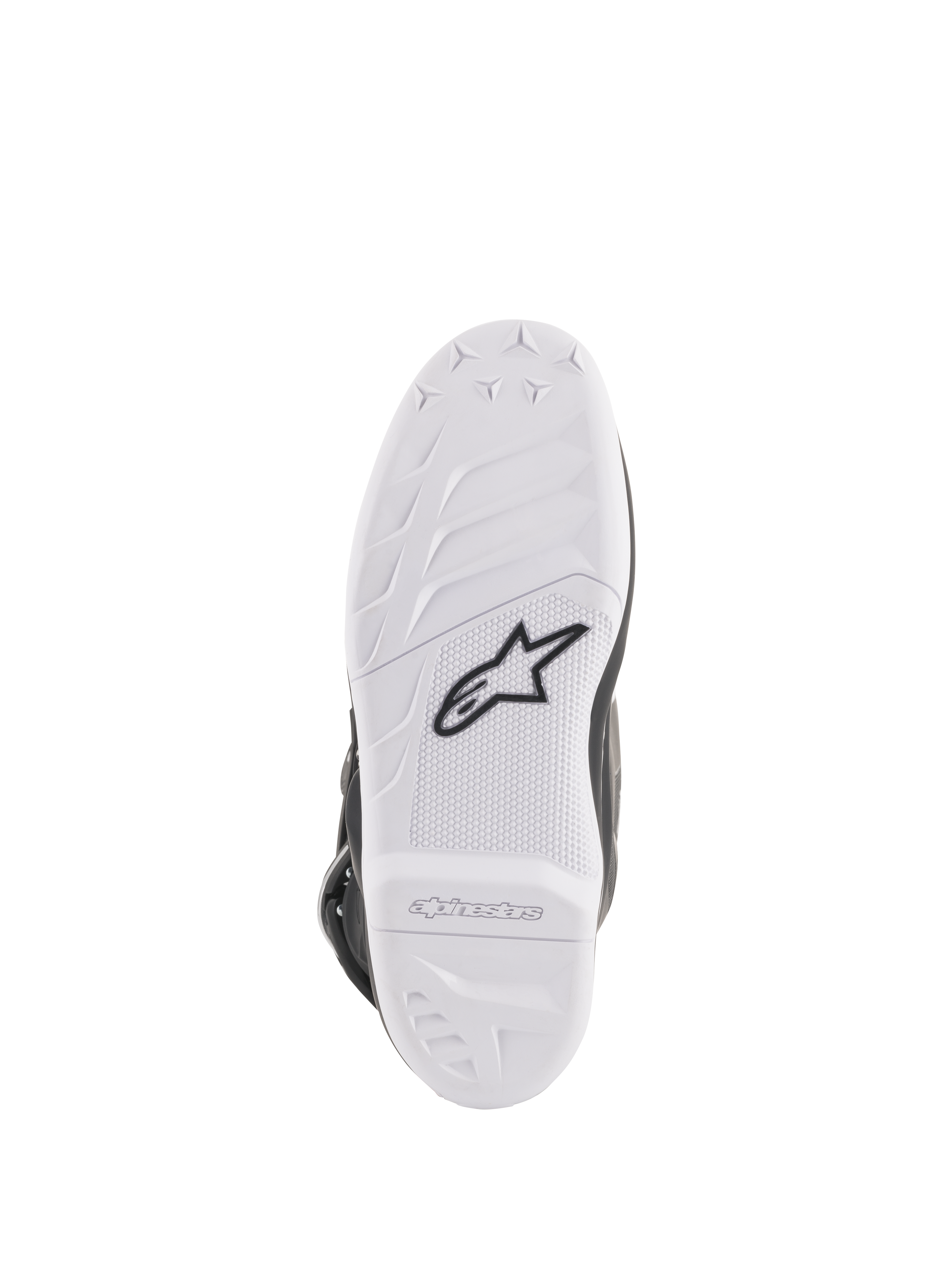 Alpinestars Women Stella Tech 3 Boots, Sole View, White rubber compound with black Astar logo, textured grip patterns and embossed branding, durable and replaceable motocross boot sole
