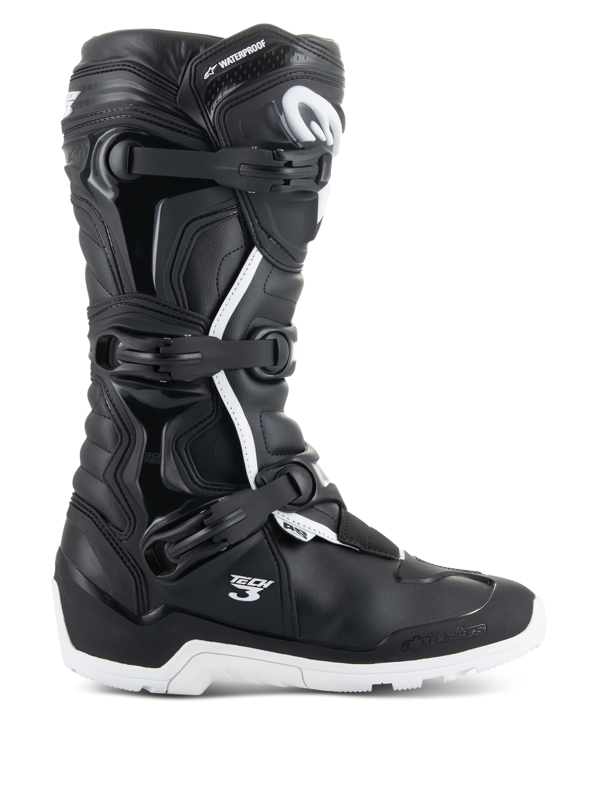 Alpinestars Tech 3 Enduro Waterproof Boots, bottes de moto tout-terrain imperméables, noires et blanches, avec boucles multiples, semelle crantée robuste, construction durable pour activités outdoor