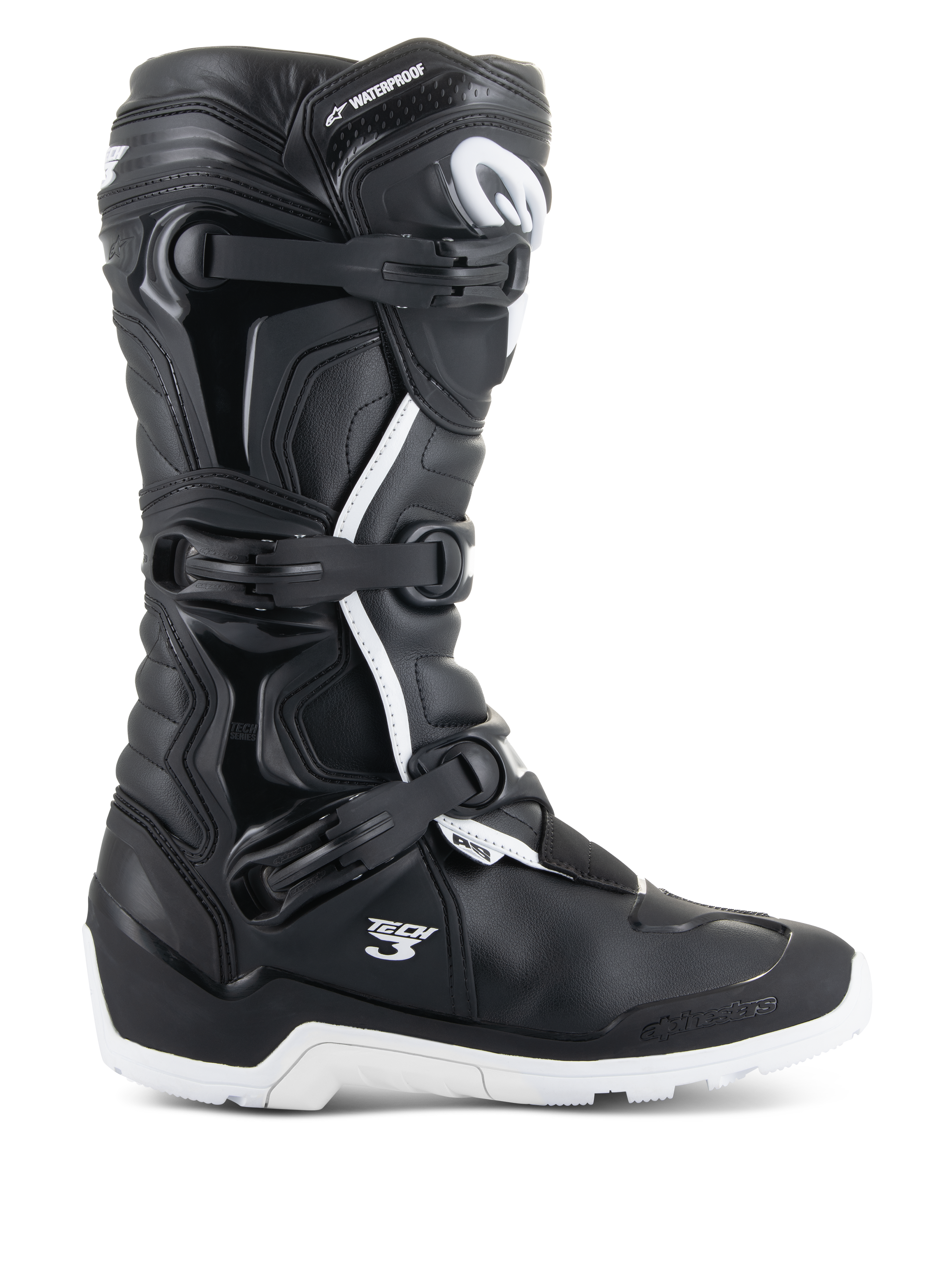 Alpinestars Tech 3 Enduro Waterproof Boots, profile view, Black and White, features triple buckle closure system, reinforced TPU protection panels, rugged white sole, "Tech 3" and "Waterproof" branding, durable off-road and adventure motorcycle footwear