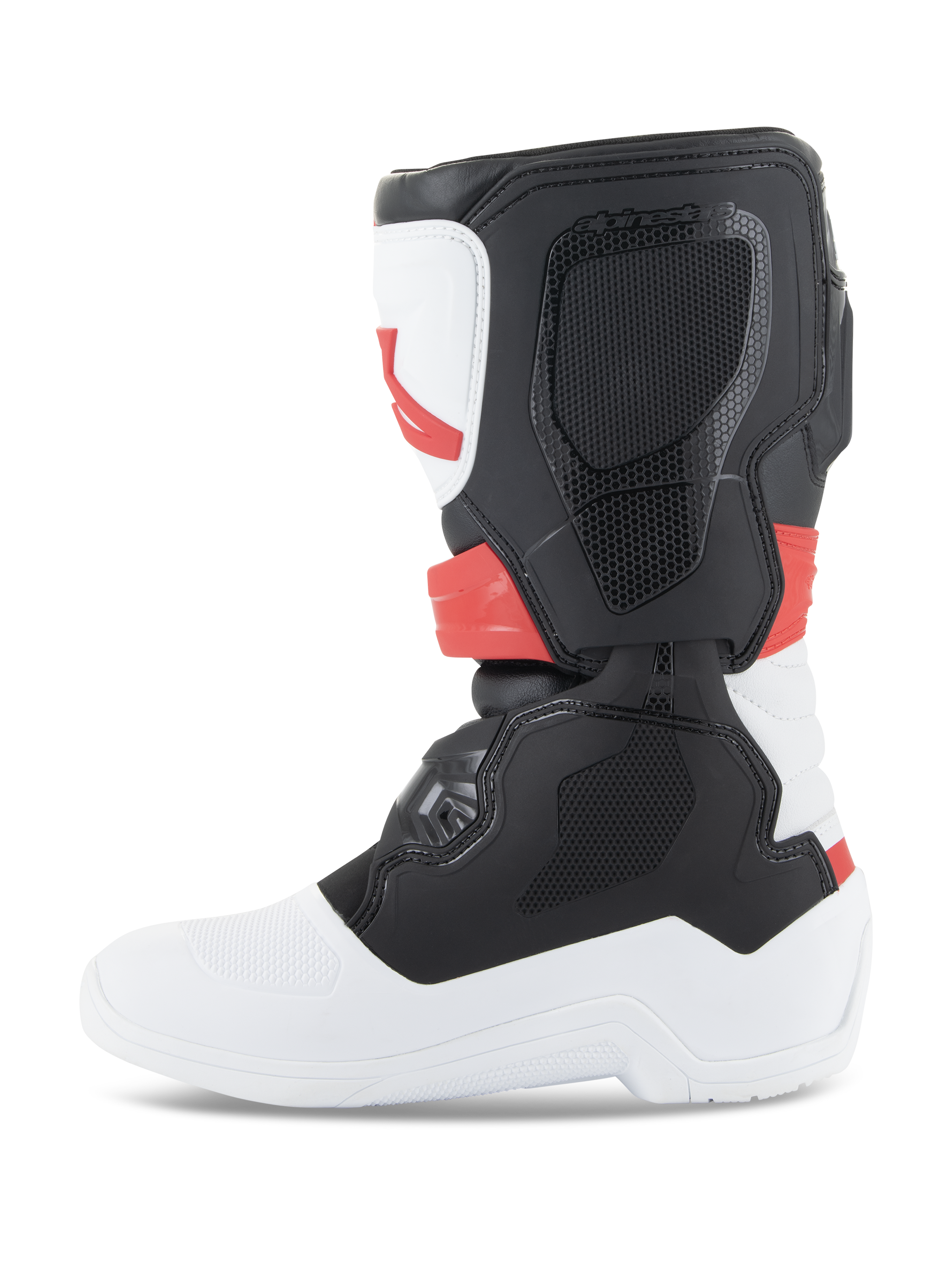 Bottes Alpinestars Youth Tech 3S, bottes de motocross, blanc, noir et rouge vif, vue de profil, avec panneaux de protection en TPU durable et tige en microfibre, semelle et pointe blanches avec section du mollet noire et accents rouge vif, chaussures de protection tout-terrain pour jeunes pilotes