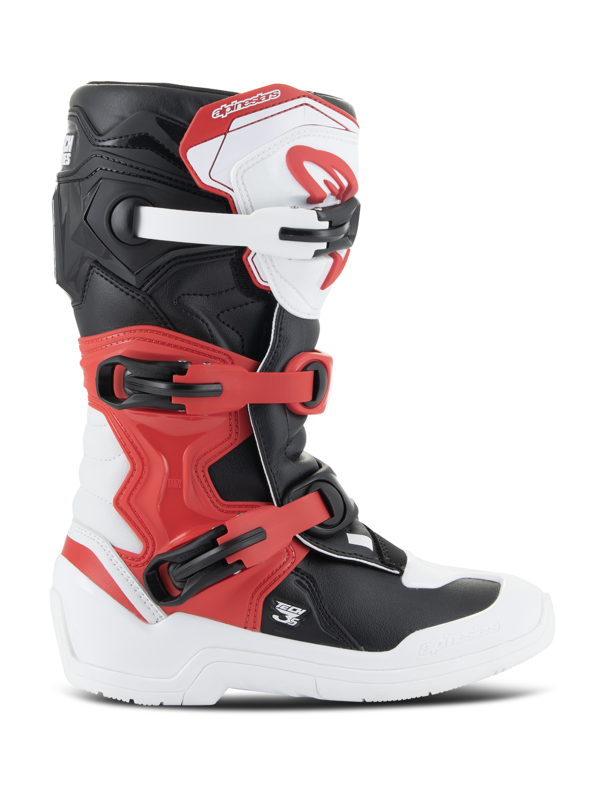 Bottes Alpinestars Youth Tech 3S, bottes de motocross, blanc, noir et rouge vif, vue de profil, dotées d'un système de fermeture à boucles multiples, d'une plaque de tibia renforcée et d'une semelle blanche durable, équipement de protection tout-terrain pour enfant