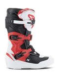 Bottes Alpinestars Youth Tech 3S, bottes de motocross, blanc, noir et rouge vif, vue de profil, dotées d'un système de fermeture à boucles multiples, d'une plaque de tibia renforcée et d'une semelle blanche durable, équipement de protection tout-terrain pour enfant
