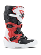 Bottes Alpinestars Youth Tech 3S, bottes de motocross, blanc, noir et rouge vif, vue de profil, dotées d'un système de fermeture à boucles multiples, d'une plaque de tibia renforcée et d'une semelle blanche durable, équipement de protection tout-terrain pour enfant