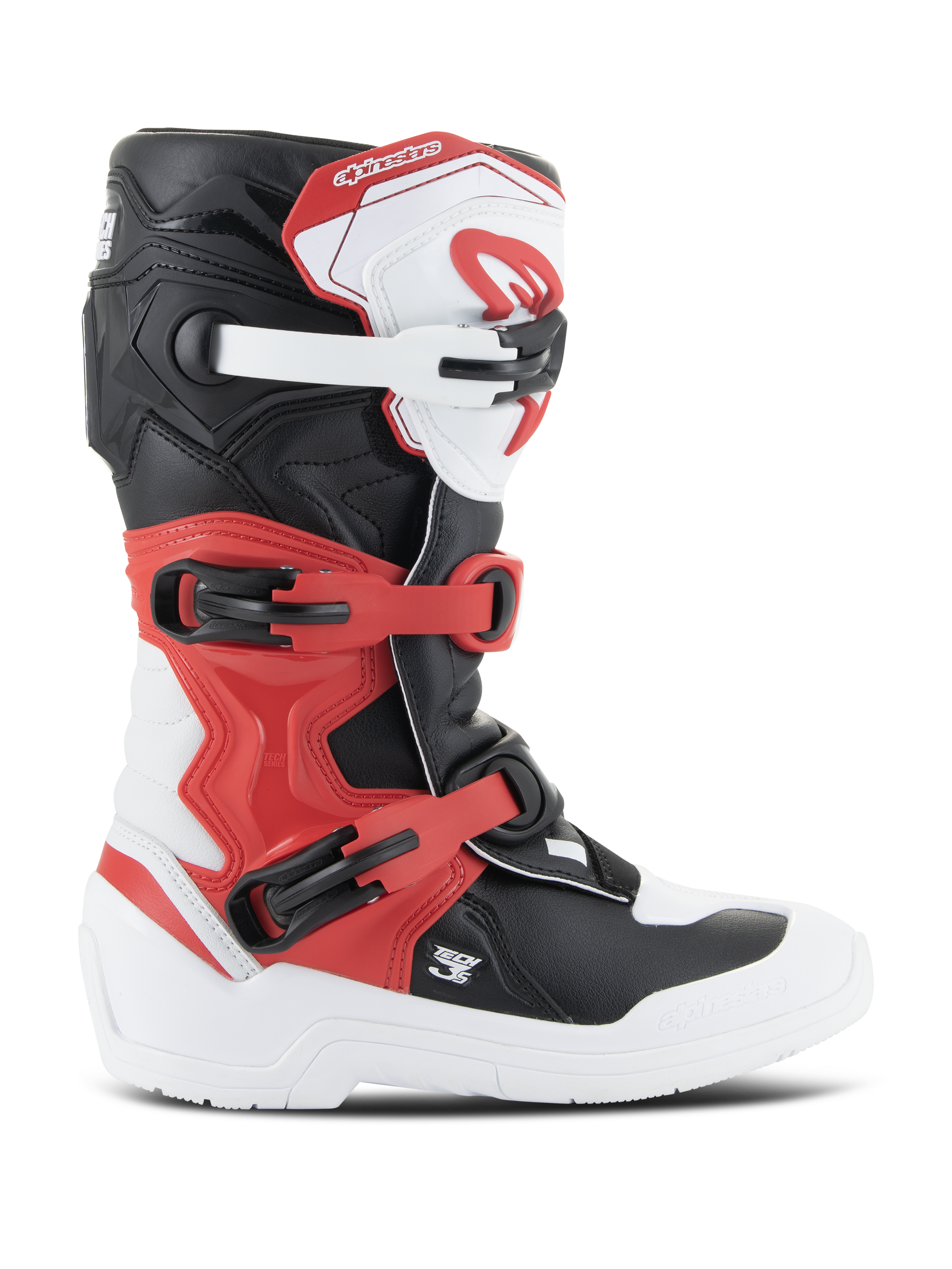 Bottes Alpinestars Youth Tech 3S, bottes de motocross, blanc, noir et rouge vif, vue de profil, dotées d'un système de fermeture à boucles multiples, d'une plaque de tibia renforcée et d'une semelle blanche durable, équipement de protection tout-terrain pour enfant