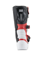 Bottes Alpinestars Youth Tech 3S, bottes de motocross, blanc, noir et rouge vif, vue arrière montrant le logo « TECH SERIES », protection renforcée du talon et du mollet, construction en microfibre durable pour la course tout-terrain