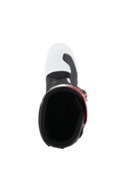 Bottes Alpinestars Tech 3S Junior, bottes de motocross, blanc, noir et rouge vif, vue de dessus montrant l'ouverture de la botte, bout blanc avec accents noirs et détail de sangle rouge, conçues pour les jeunes pilotes