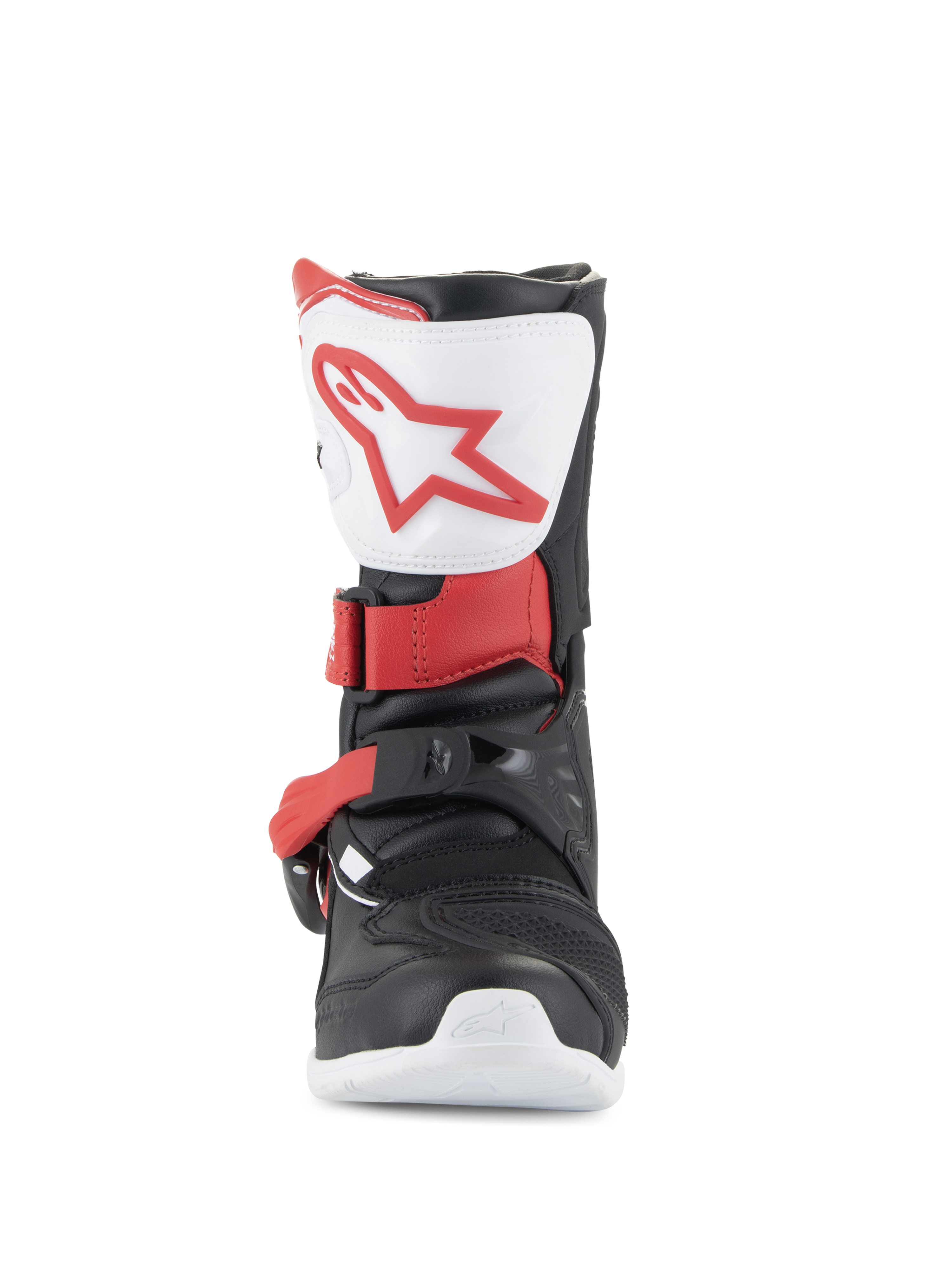Alpinestars Kids Tech 3S laarzen, motorcrosslaarzen, wit, zwart en helderrood, vooraanzicht met witte scheenplaat en rood logo, zwart chassis met rode gespriemen, beschermend off-road schoeisel voor jonge rijders