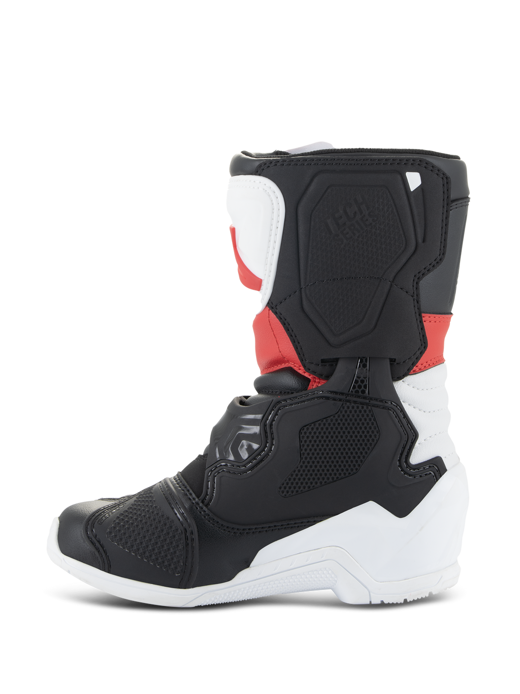 Alpinestars Kids Tech 3S laarzen, motorcrosslaarzen, wit, zwart en felrood, zijaanzicht met beschermende TPU-panelen, versterkte teen en hiel, en getextureerd lateraal blad-ontwerp voor off-road racing.