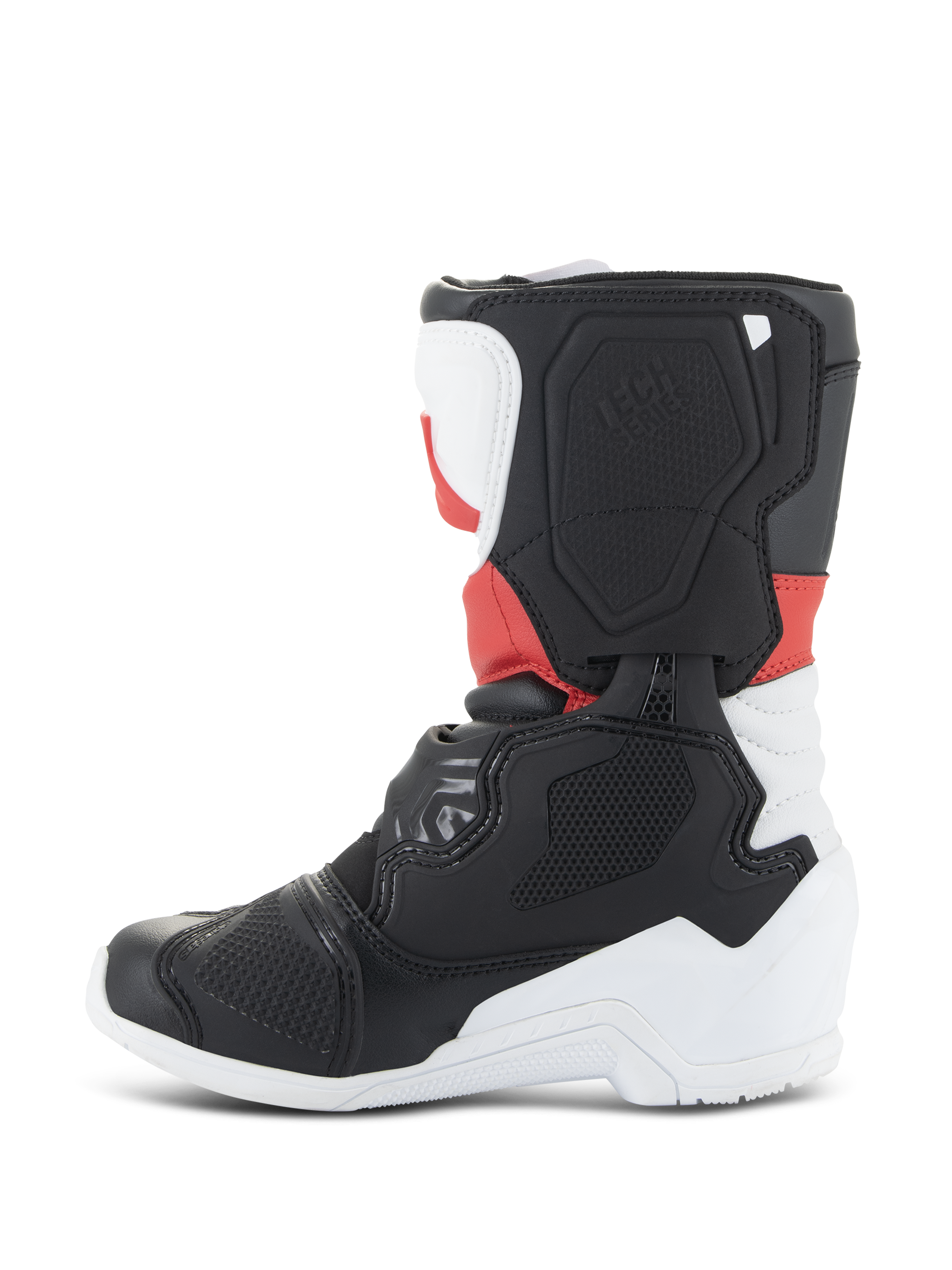 Alpinestars Kids Tech 3S laarzen, motorcrosslaarzen, wit, zwart en felrood, zijaanzicht met beschermende TPU-panelen, versterkte teen en hiel, en getextureerd lateraal blad-ontwerp voor off-road racing.