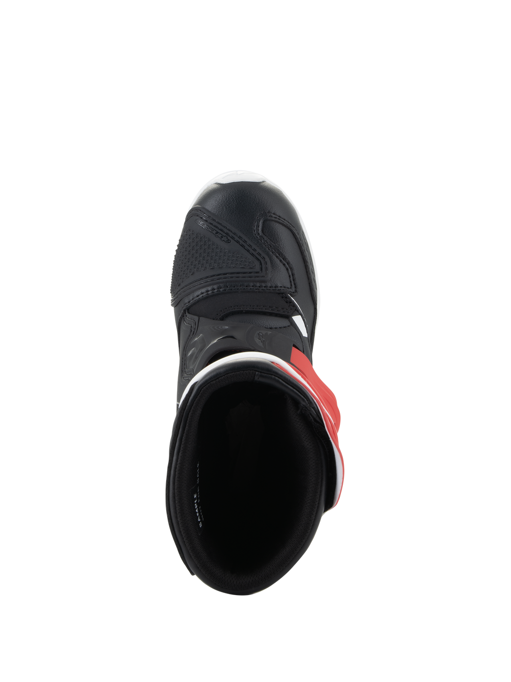 Alpinestars Kids Tech 3S laarzen, motorcrosslaarzen, wit, zwart en felrood, bovenaanzicht met de binnenkant en de zwarte microvezel neus, beschermend schoeisel voor jonge off-road rijders