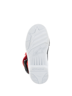 Alpinestars Kids Tech 3S laarzen, motorcrosslaarzen, wit, zwart en felrood, onderaanzicht van de witte rubberen zool met Alpinestars-logo in reliëf en grippatroon voor off-road racen