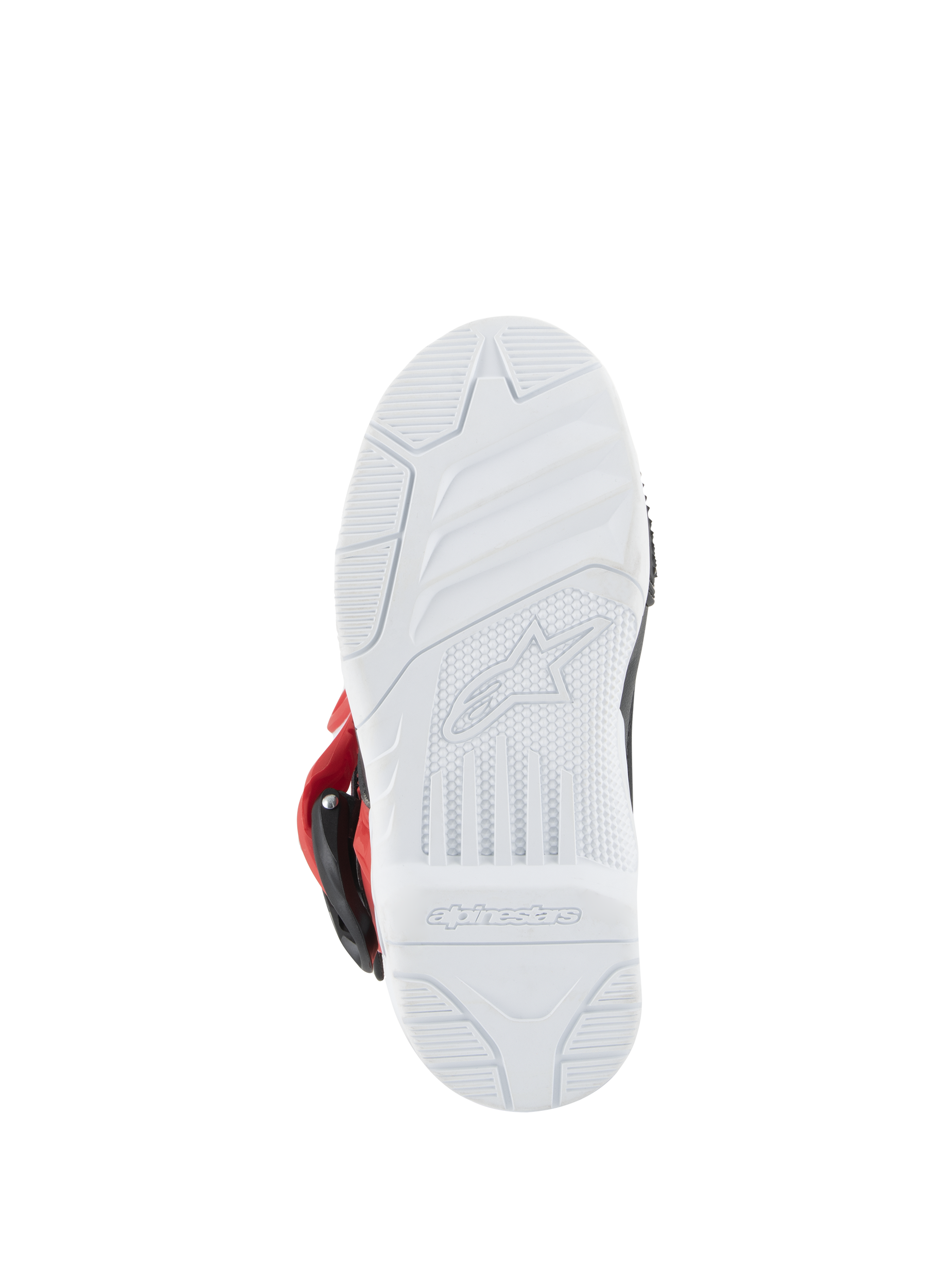 Alpinestars Kids Tech 3S laarzen, motorcrosslaarzen, wit, zwart en felrood, onderaanzicht van de witte rubberen zool met Alpinestars-logo in reliëf en grippatroon voor off-road racen