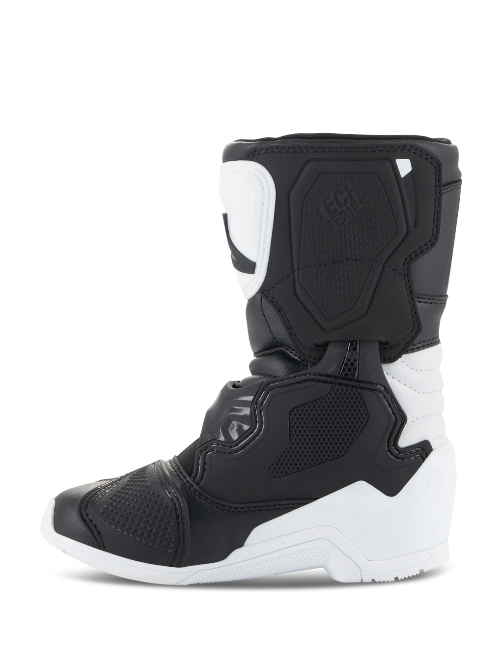 Bottes Alpinestars Kids Tech 3S, bottes de motocross, blanc et noir, vue de profil mettant en évidence les plaques de protection en TPU, la construction robuste en microfibre et le design multi-panneaux pour les jeunes pilotes de motocross.