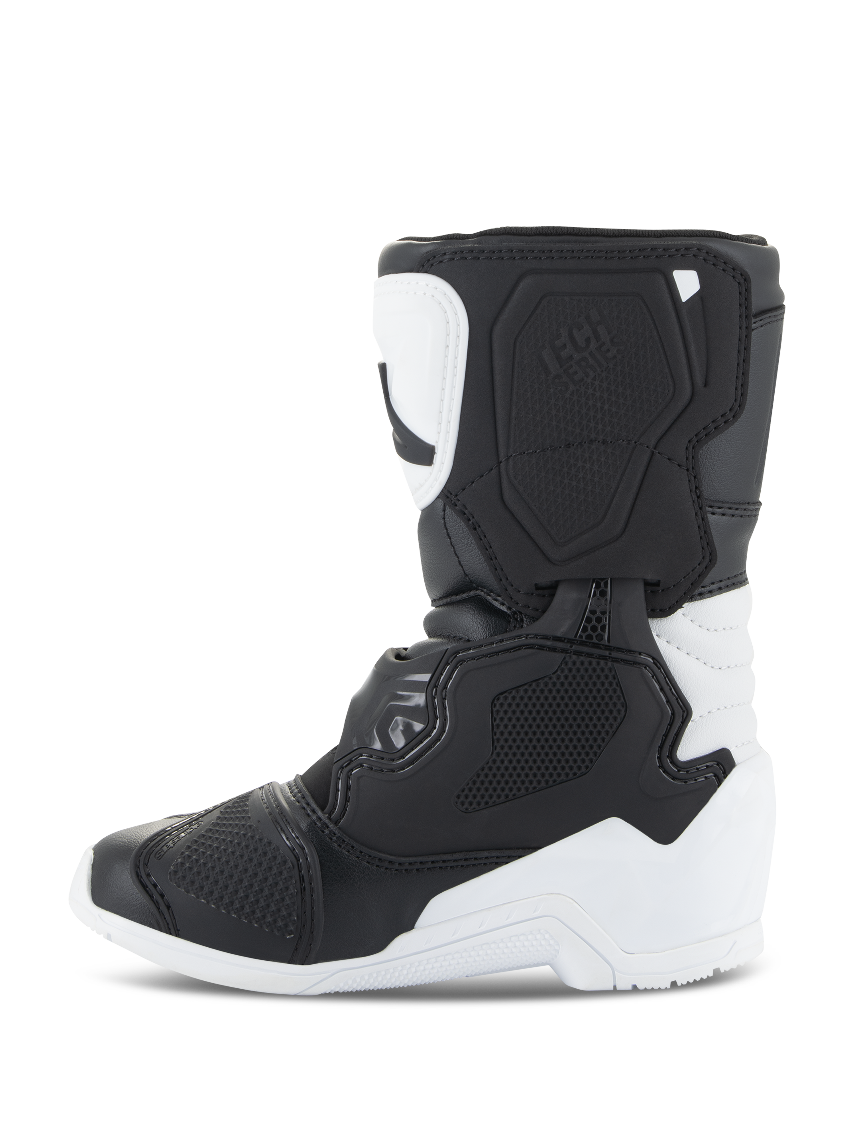 Bottes Alpinestars Kids Tech 3S, bottes de motocross, blanc et noir, vue de profil mettant en évidence les plaques de protection en TPU, la construction robuste en microfibre et le design multi-panneaux pour les jeunes pilotes de motocross.
