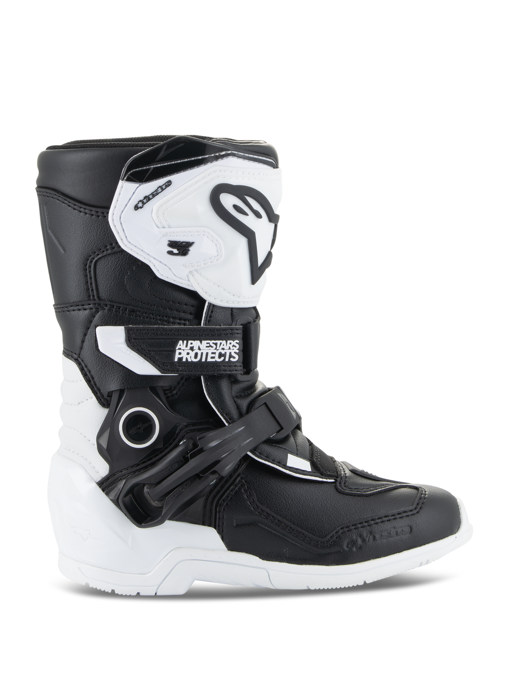 Bottes Alpinestars Kids Tech 3S, bottes de motocross pour enfants, blanc et noir, vue latérale montrant le design montant, système de fermeture à boucles et sangles, plaque de tibia protectrice en TPU et semelle blanche, chaussures de moto tout-terrain pour enfants